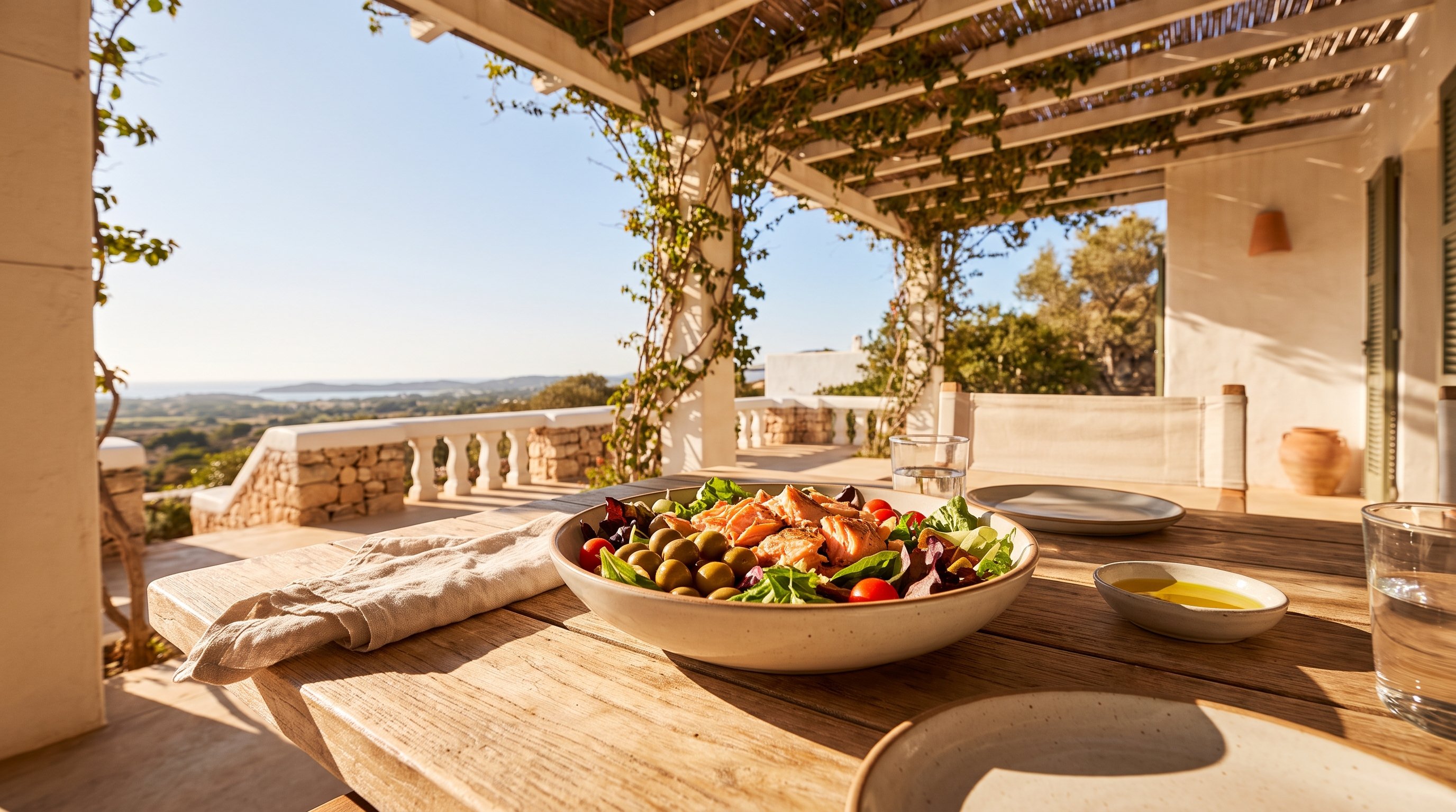A fresh salad with olives and tomatoes ready to eat on a terrace table under a pergola