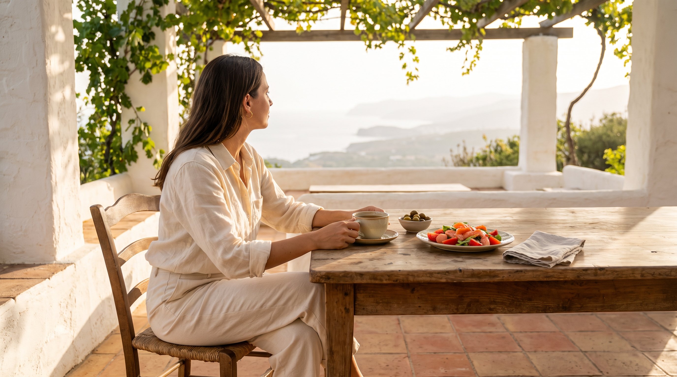 A woman in her 30s in natural linen sitting at a terrace table under a pergola with a cup of tea