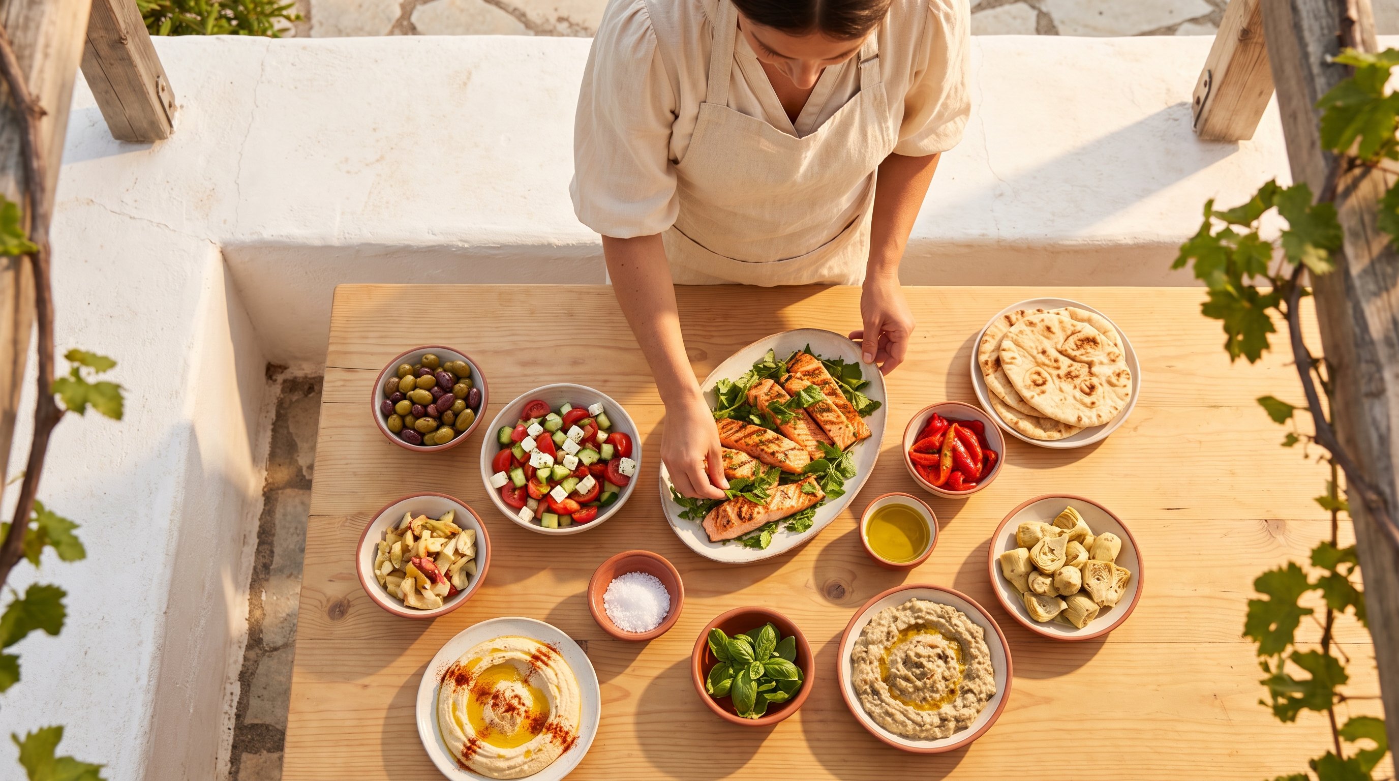 A woman in her 30s in natural linen cooking a Mediterranean mezze plate in a whitewashed terrace kitchen