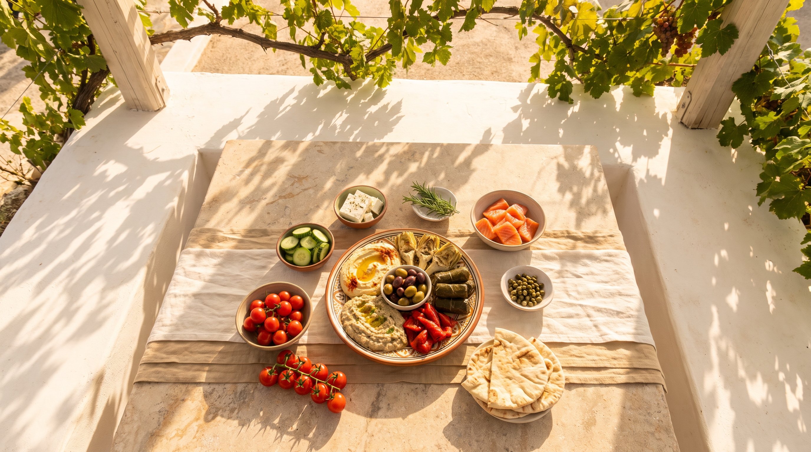 A Mediterranean mezze plate beside fresh ingredients on a terrace table under a pergola