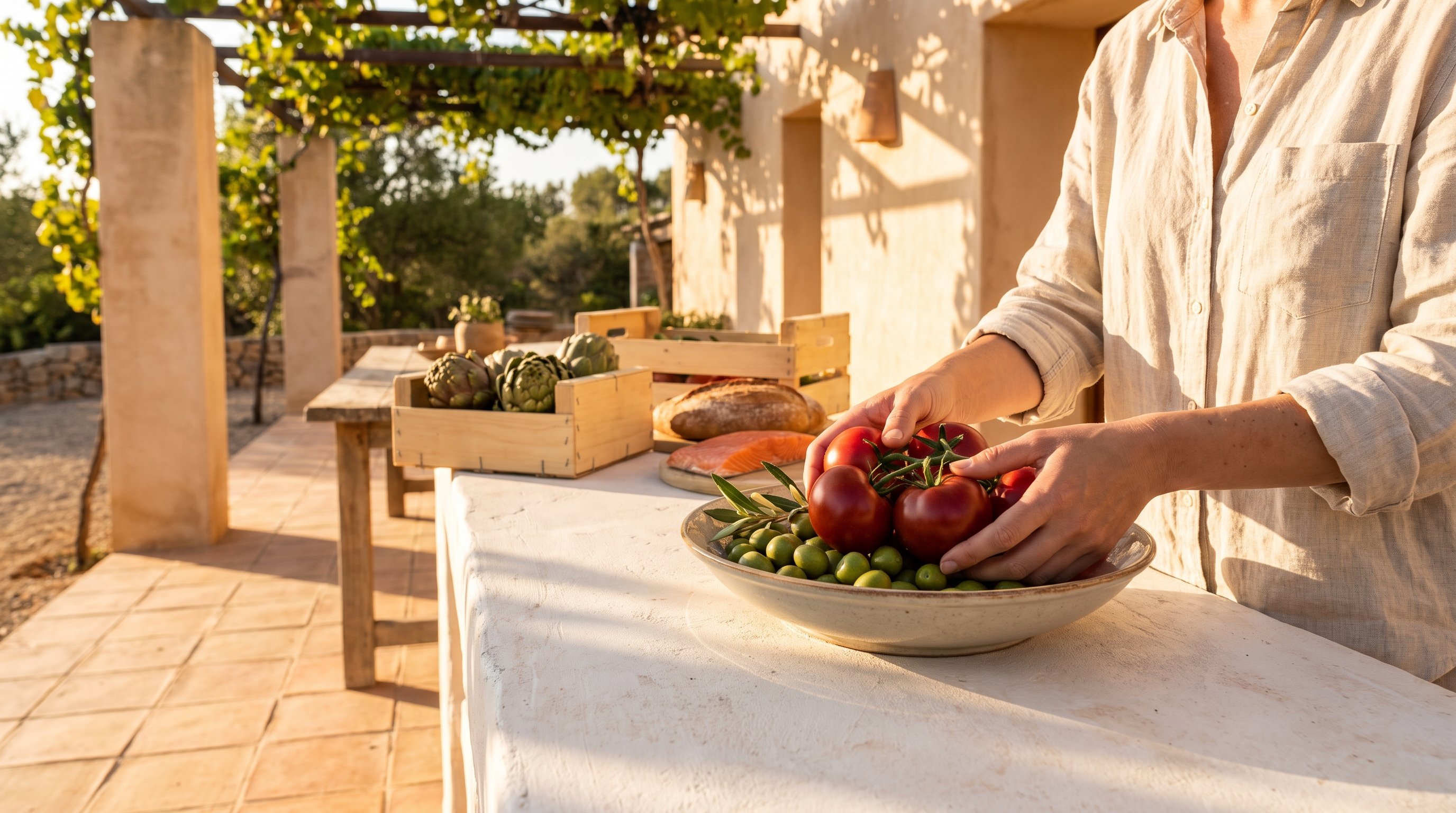 A woman in her 30s in natural linen putting groceries away in a whitewashed terrace kitchen