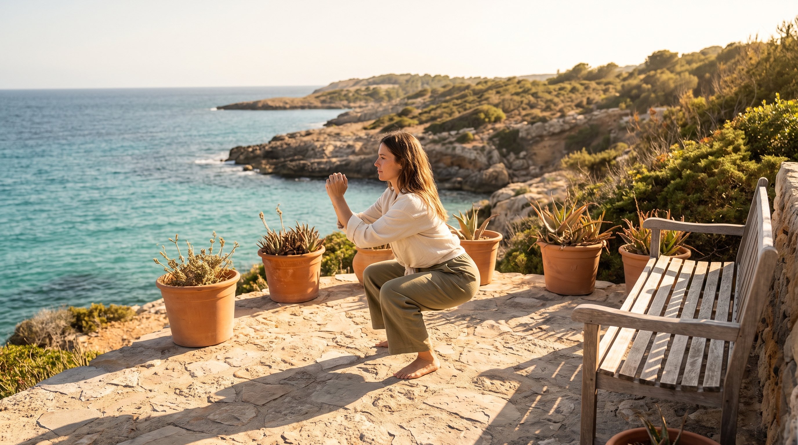 woman doing bodyweight squats in a living room