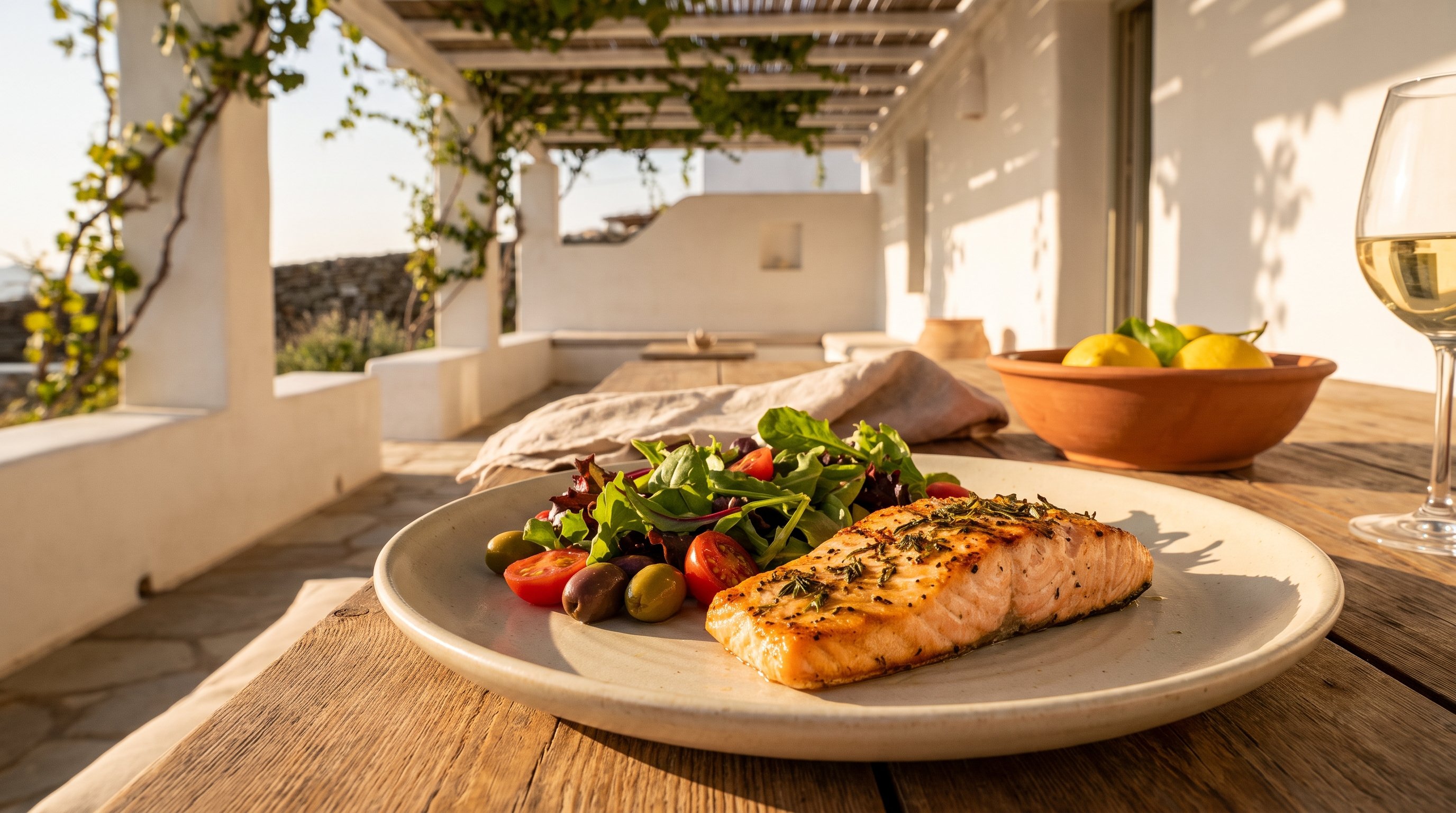 A plate of grilled salmon and greens served on a terrace table under a pergola