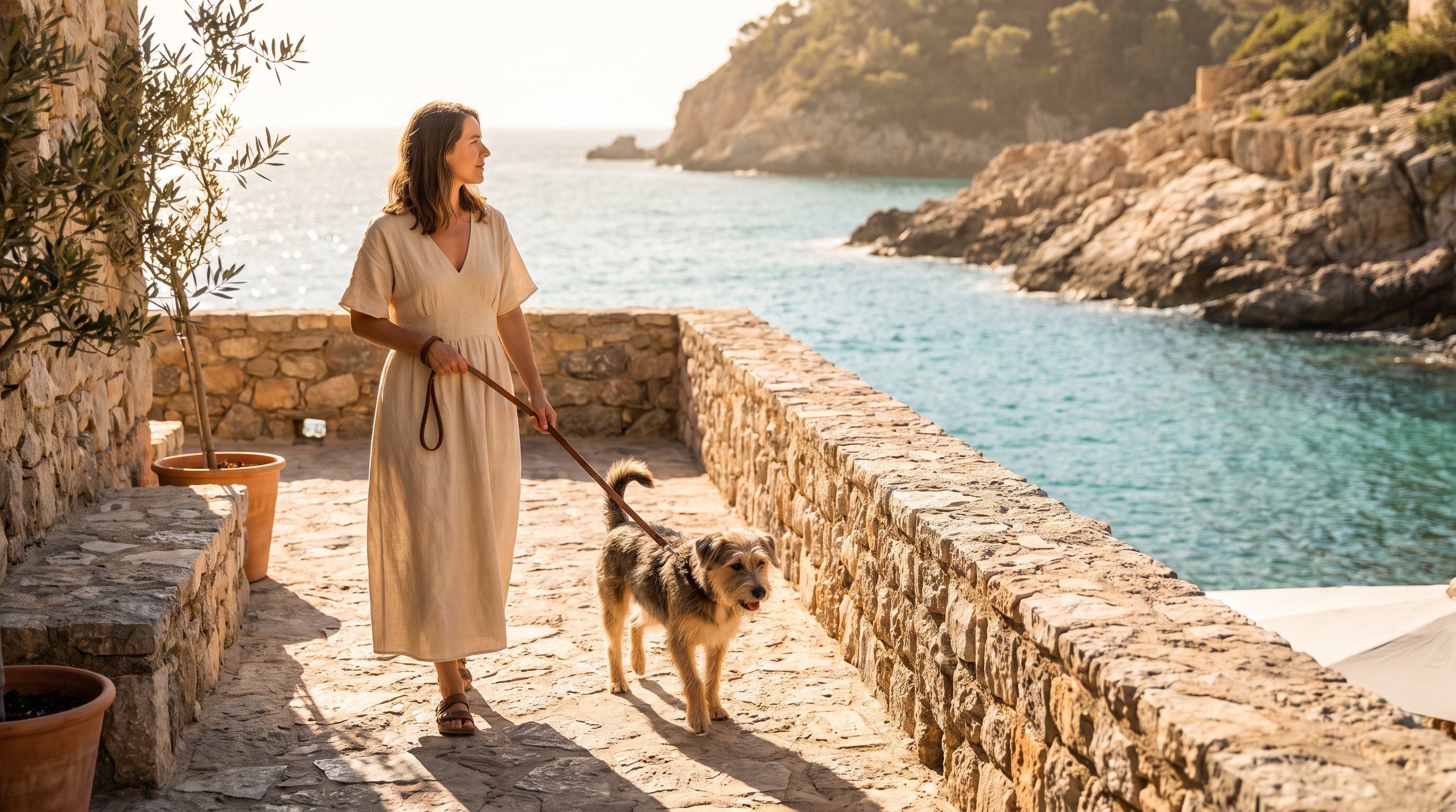 Woman walking a dog along a park path in the early evening