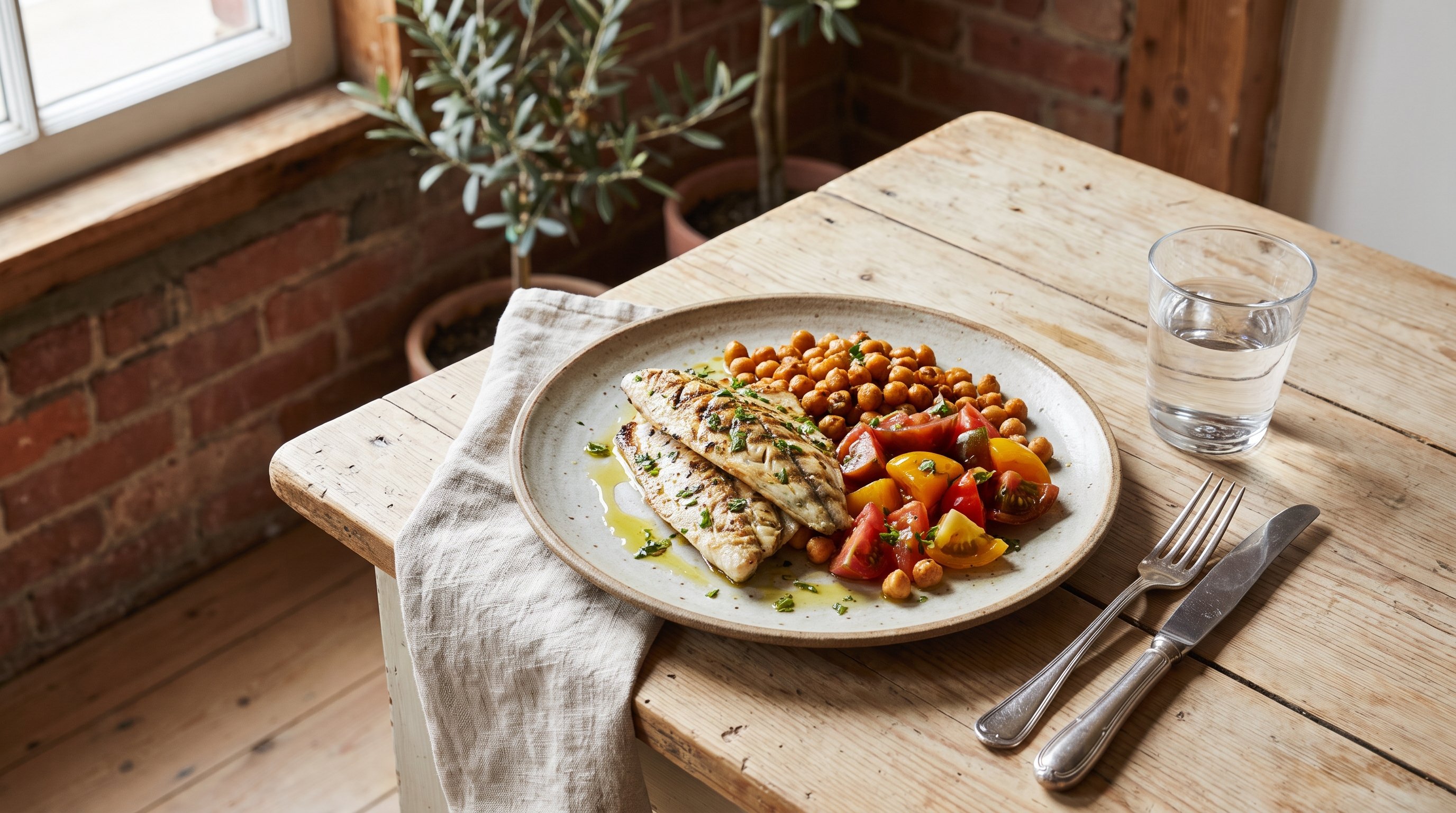 grilled fish with chickpeas and chopped tomatoes on a plate