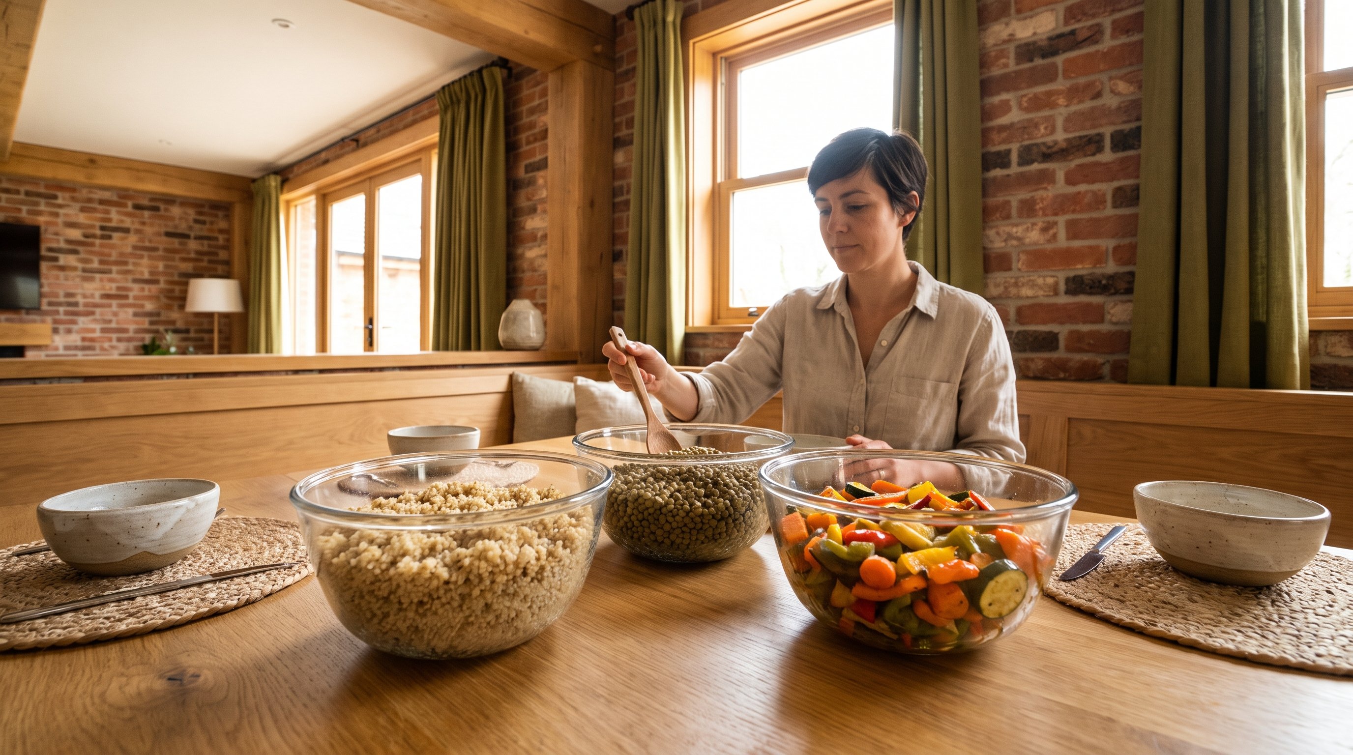 Mediterranean meal prep containers with grains and legumes