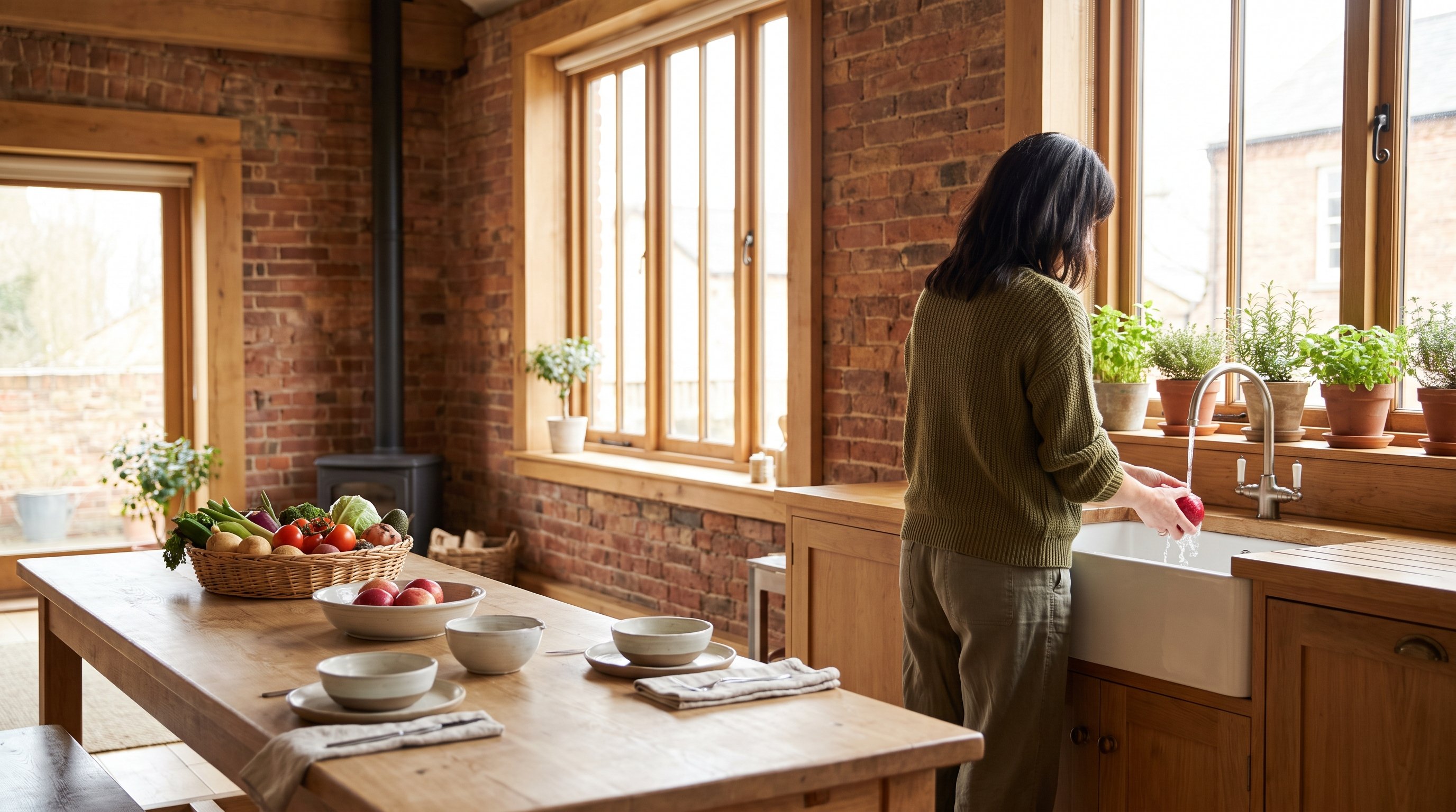 person washing fruit at a kitchen sink before work