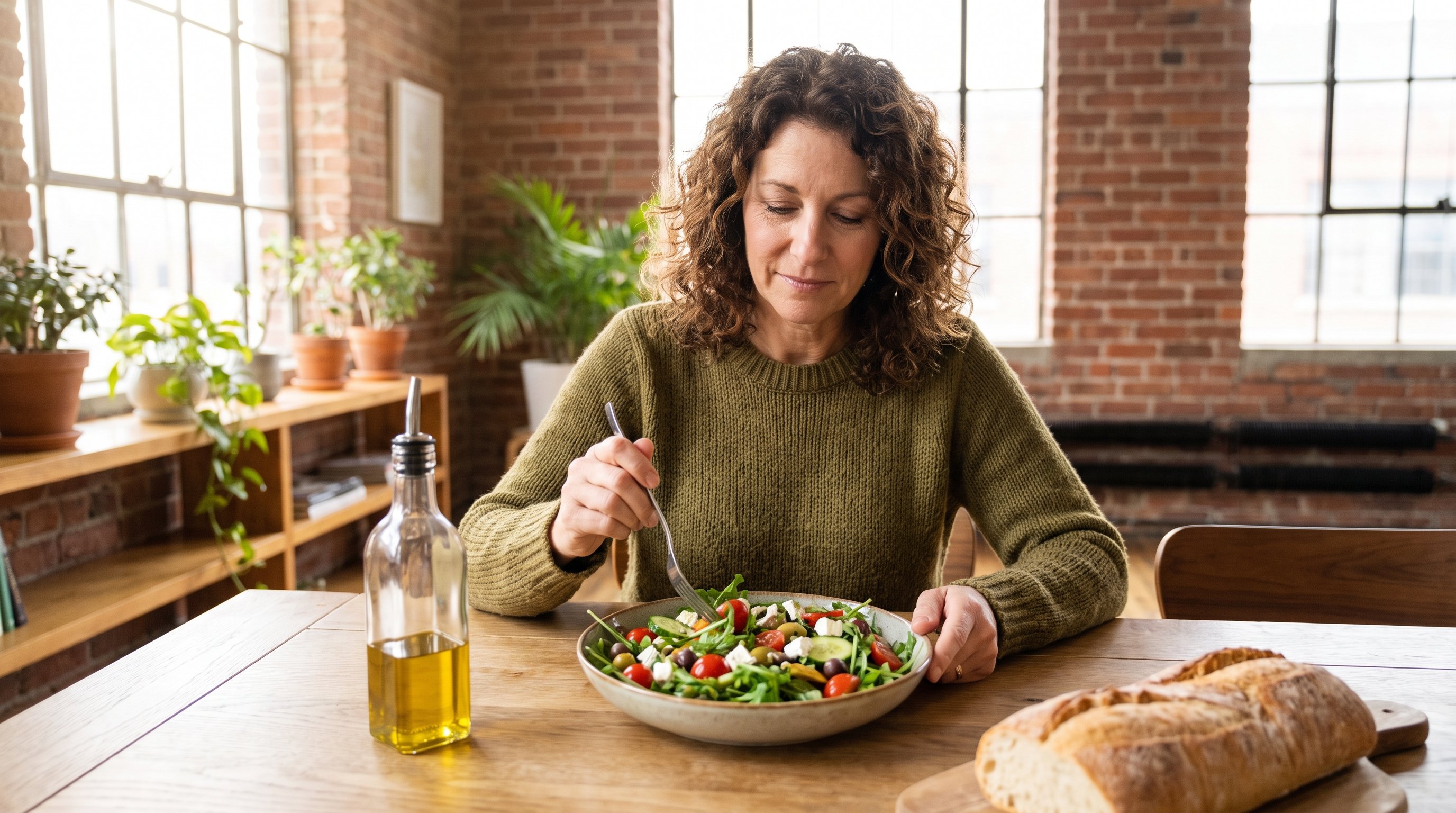 colourful salad being dressed with olive oil at a kitchen counter