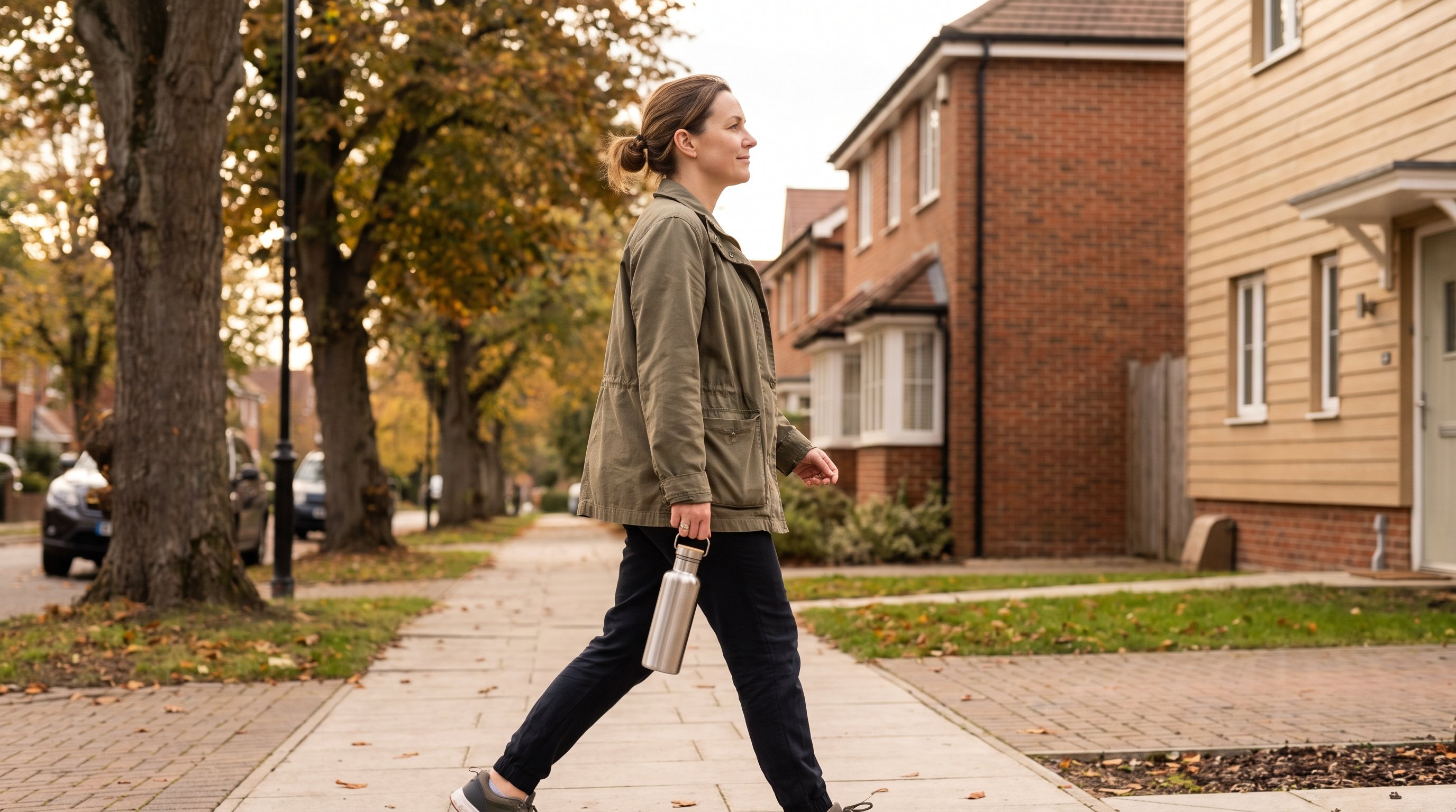 person walking briskly along a tree-lined path