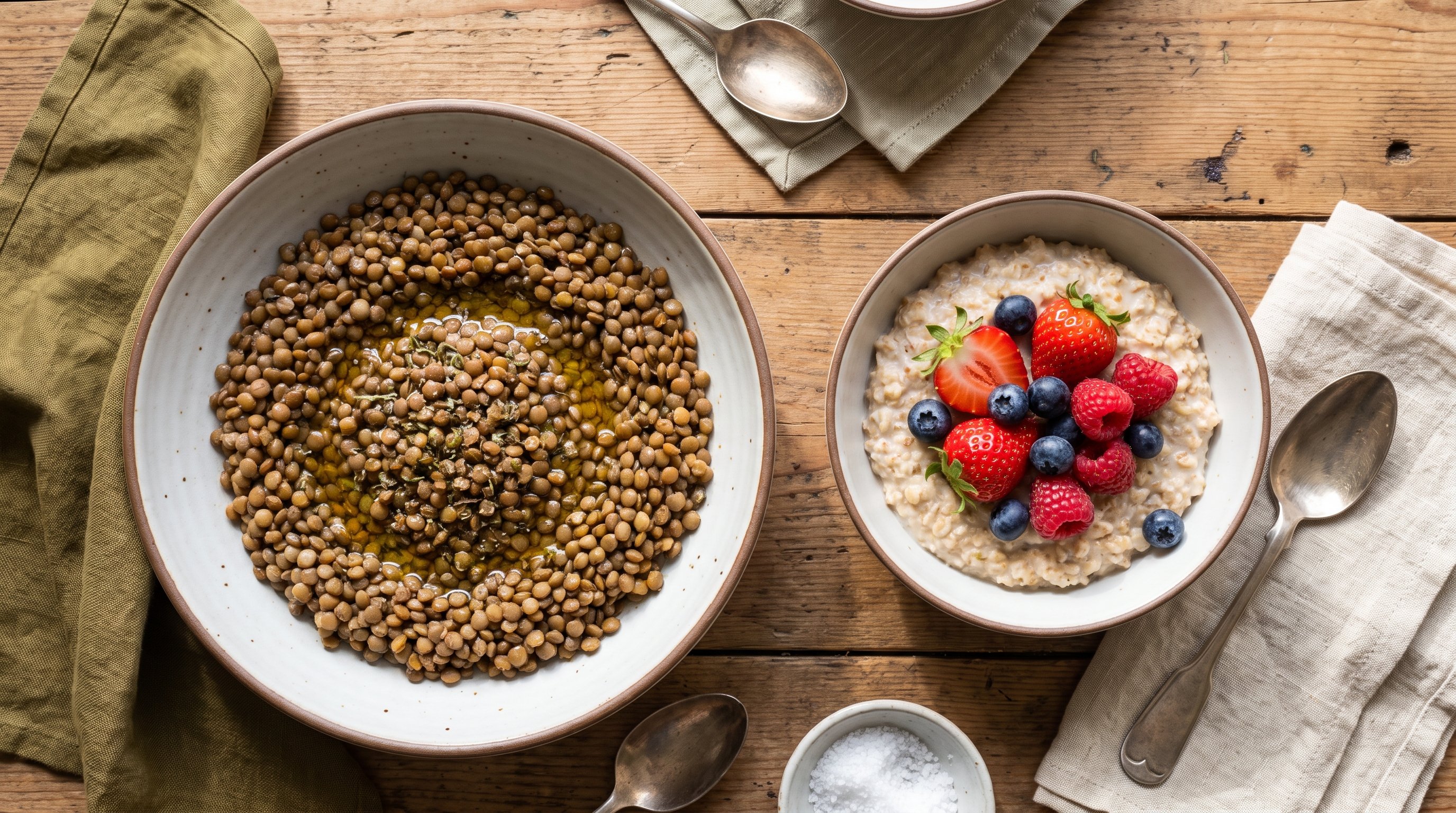 bowl of lentils, oats and berries on a wooden table