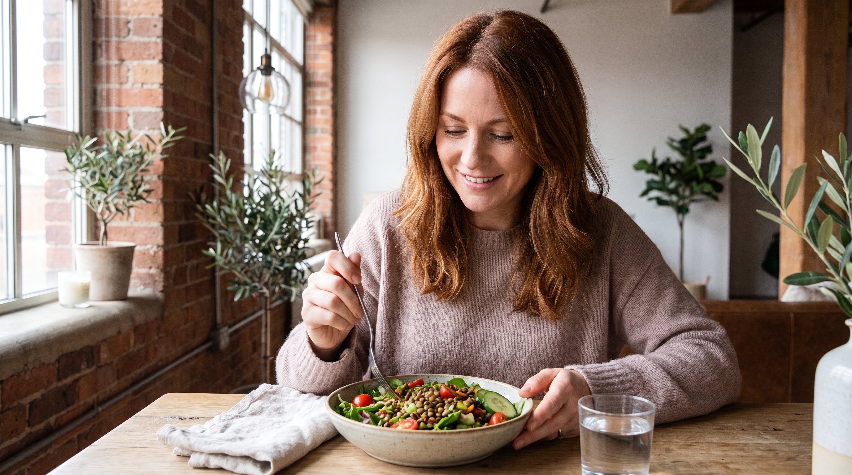 bowl of lentil salad with olive oil and leafy greens