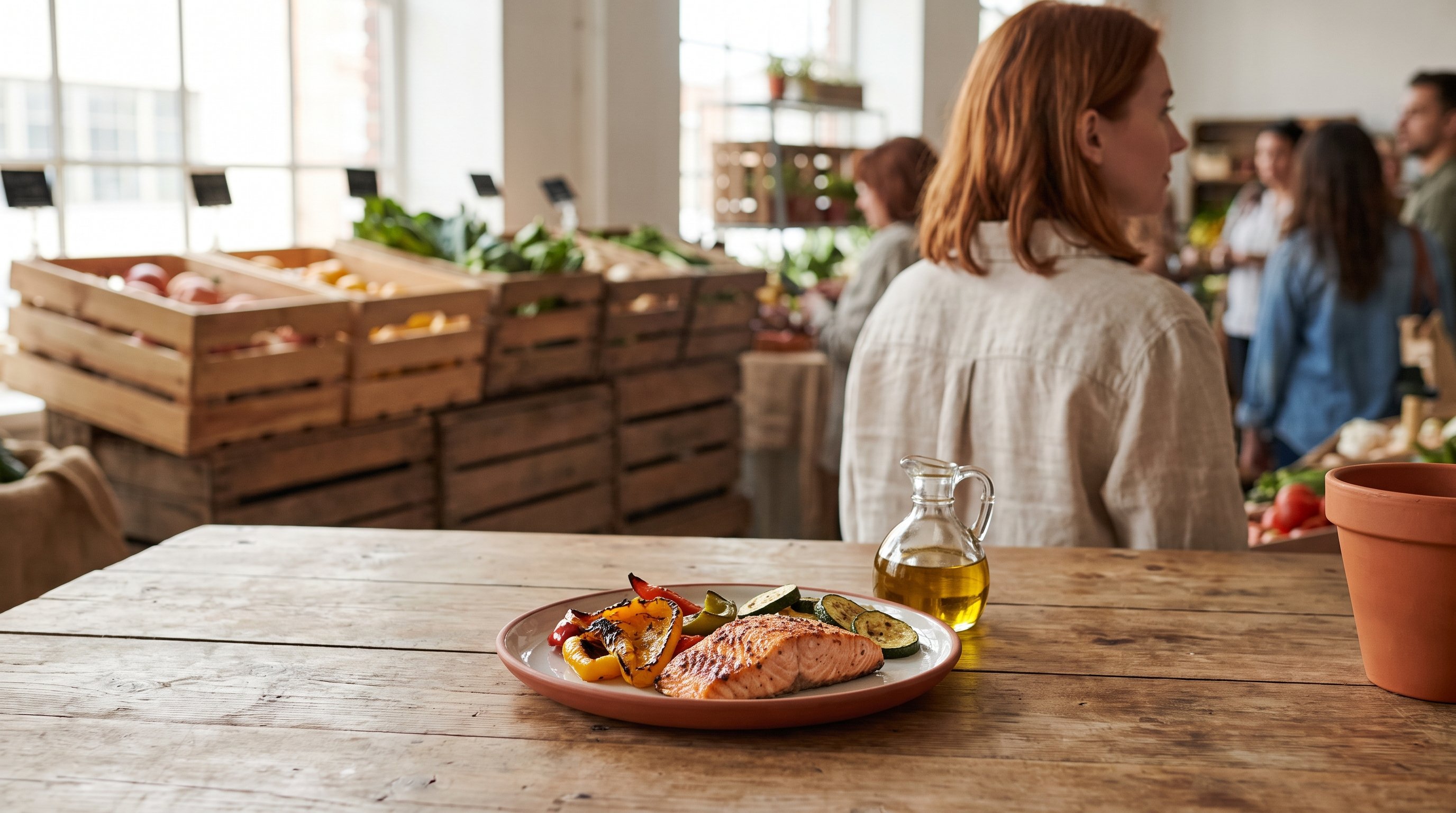 colourful vegetables and olive oil on a wooden table