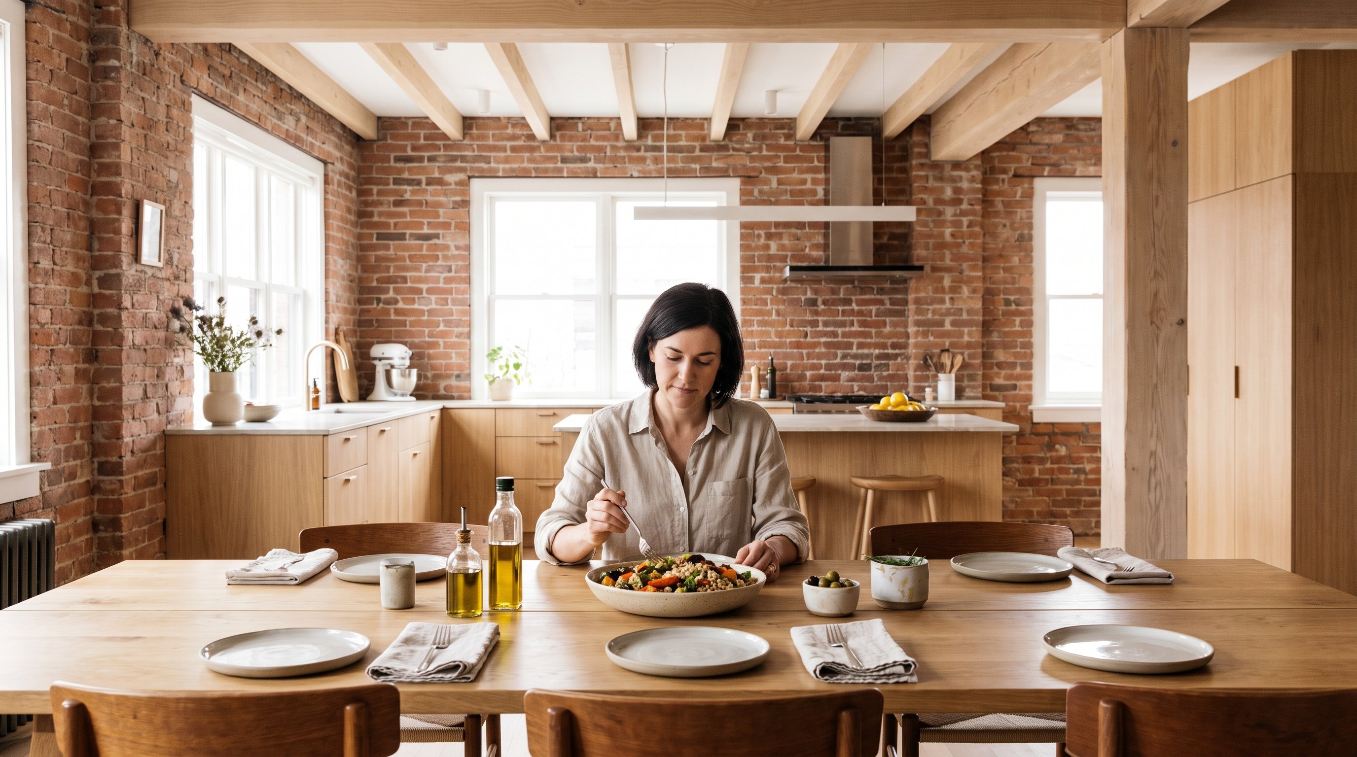 family sharing a meal of beans, grains and salad at dinner table