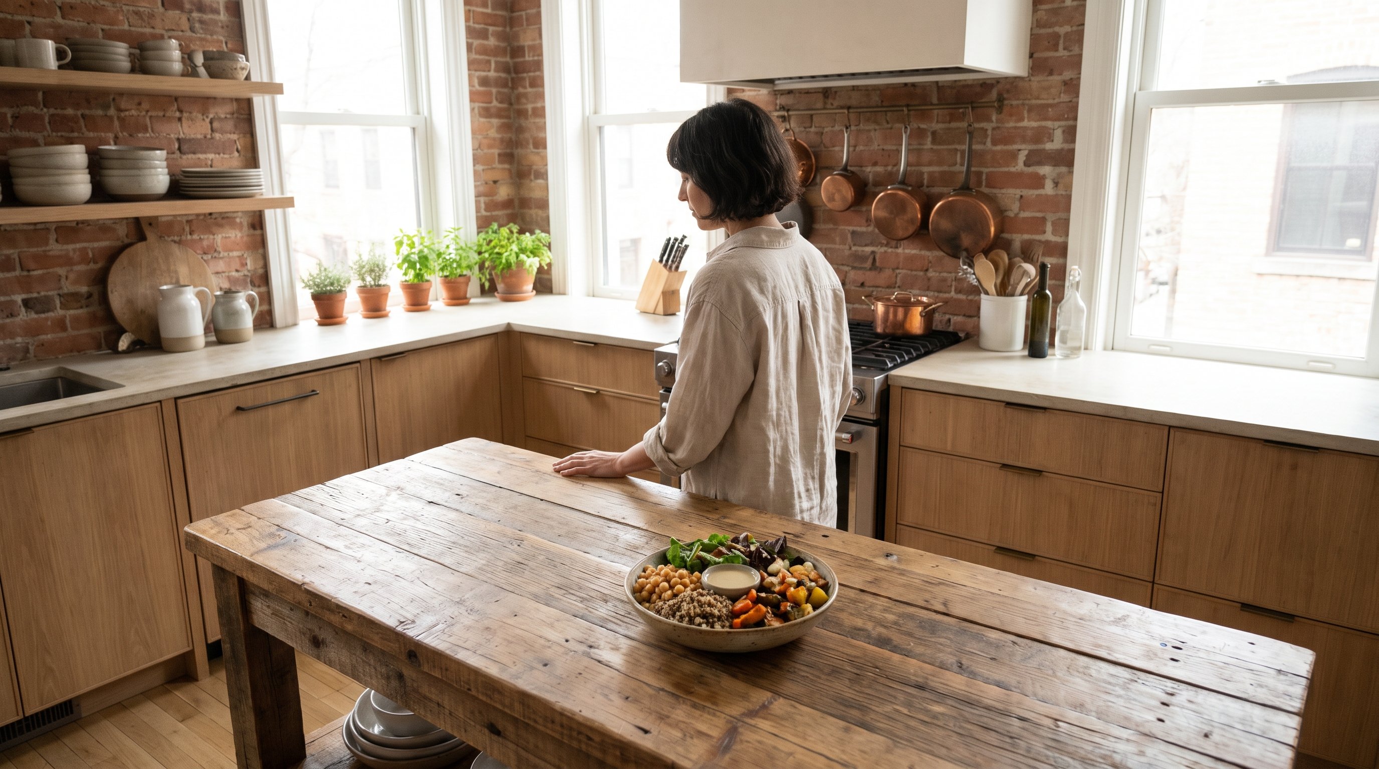bowl of vegetables, beans and whole grains on wooden table