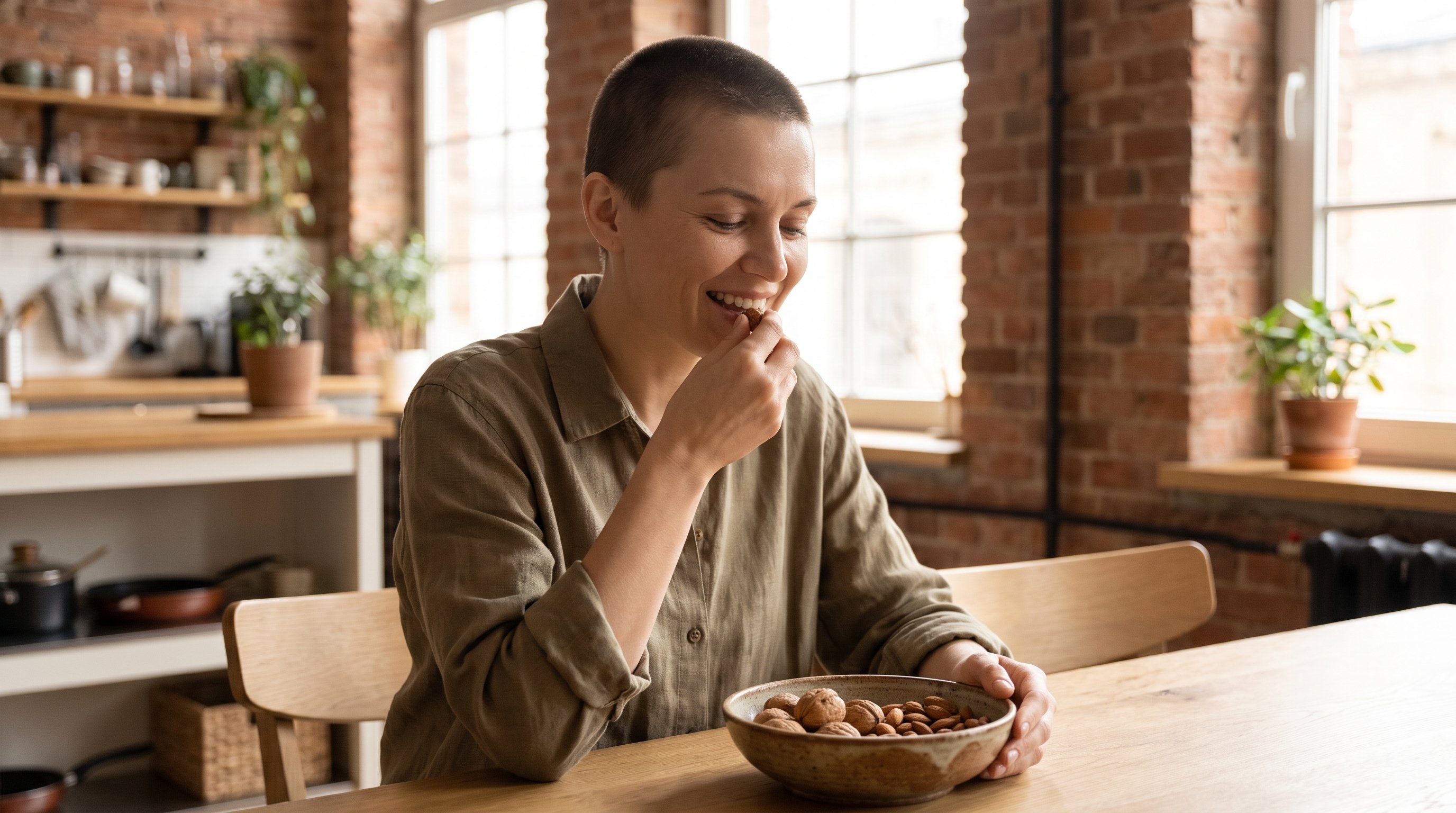hands cracking almonds and walnuts into a bowl