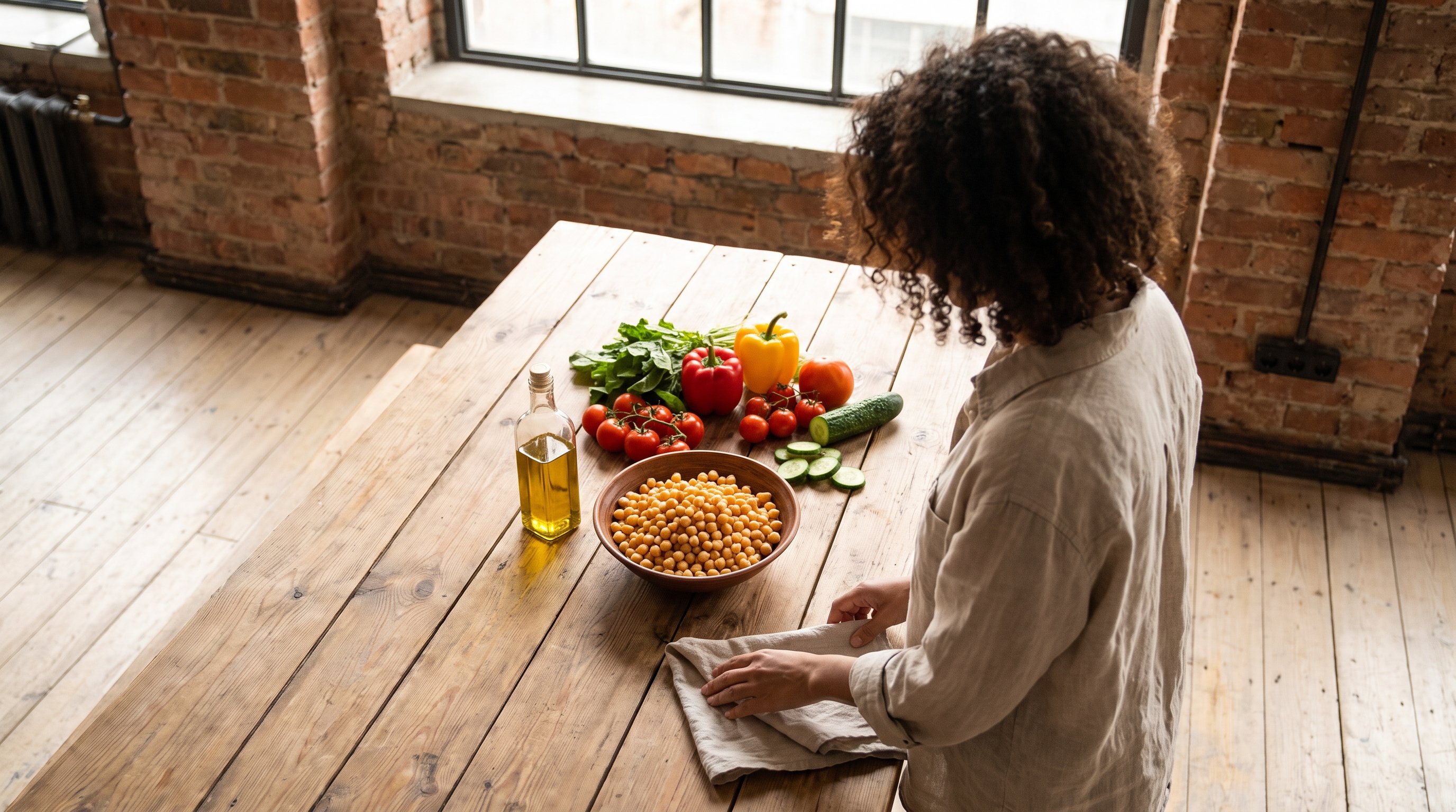 wooden table with olive oil, chickpeas and fresh vegetables