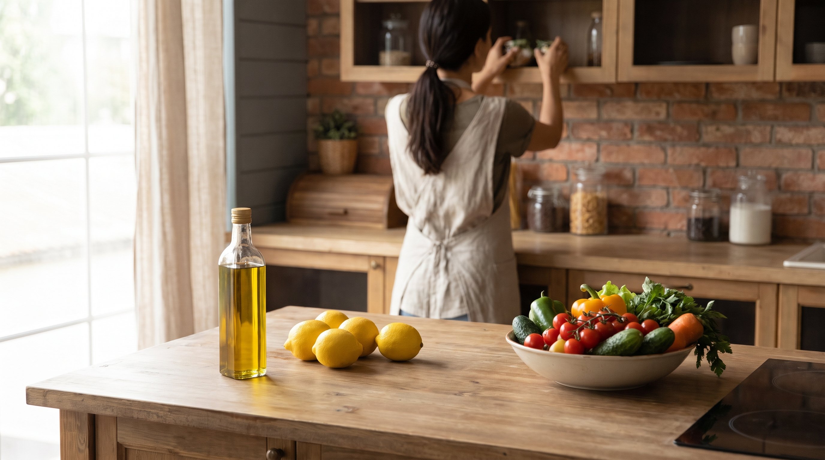 kitchen counter with olive oil, lemons and fresh vegetables