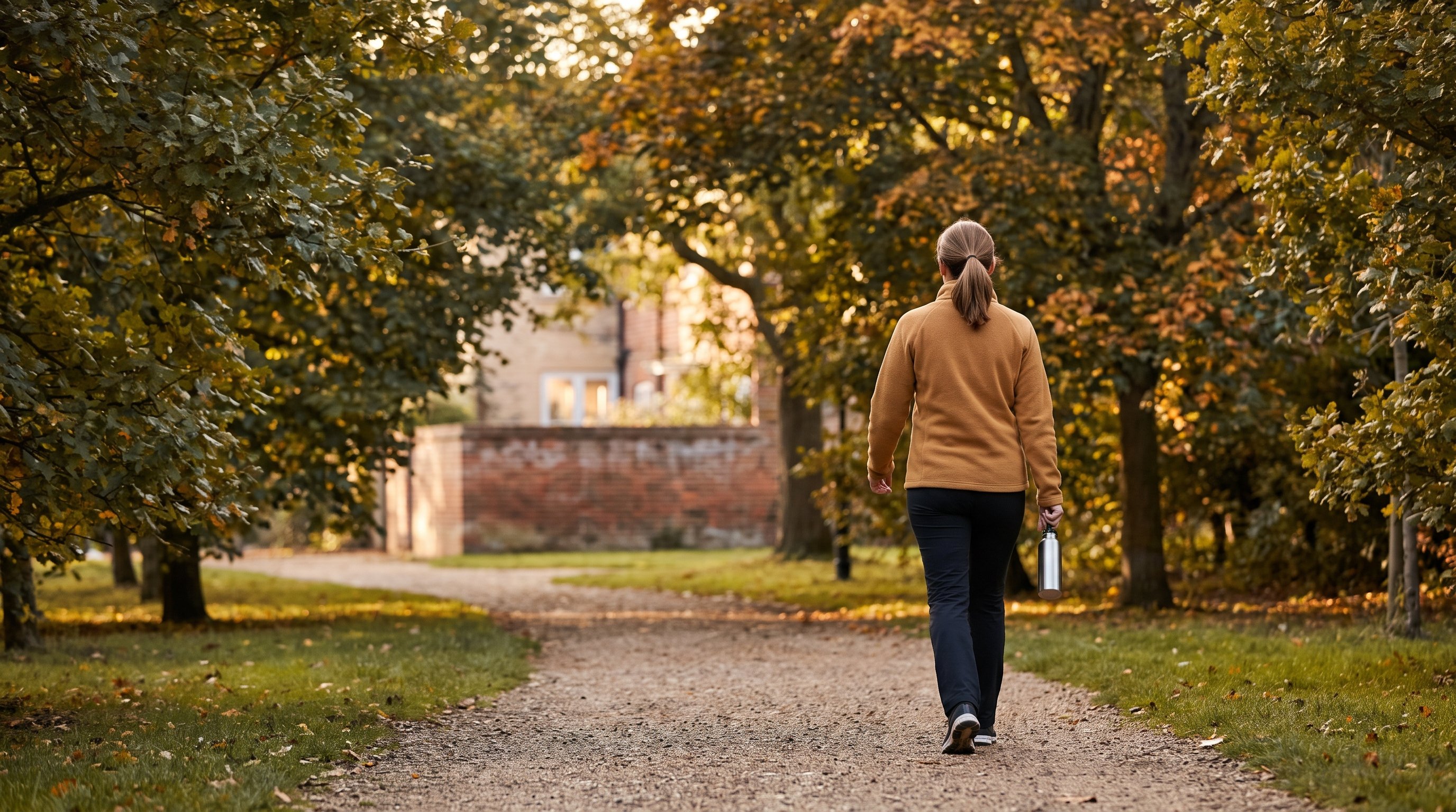 woman walking briskly through a park in the evening