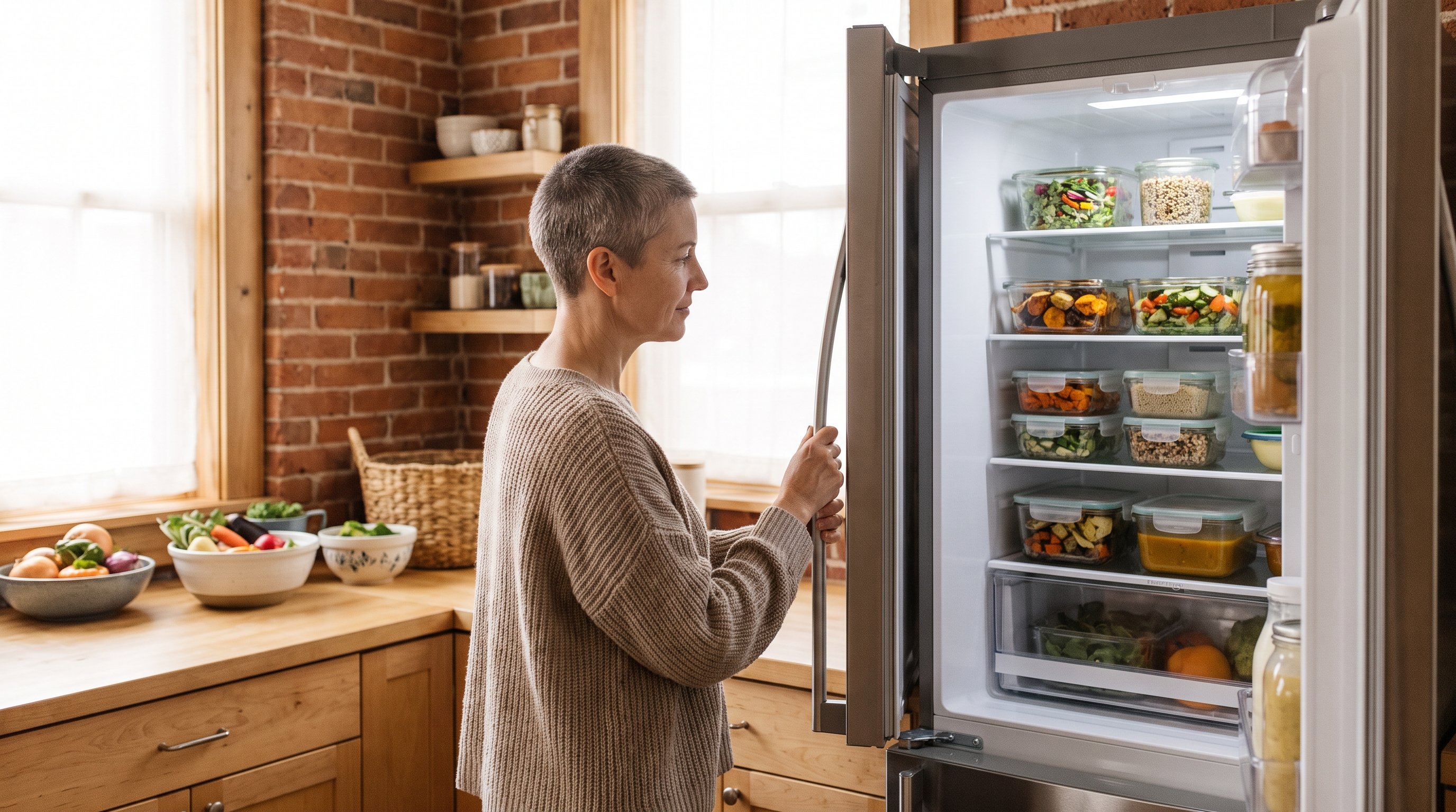 stacked glass meal prep containers filled with grains and vegetables in a fridge