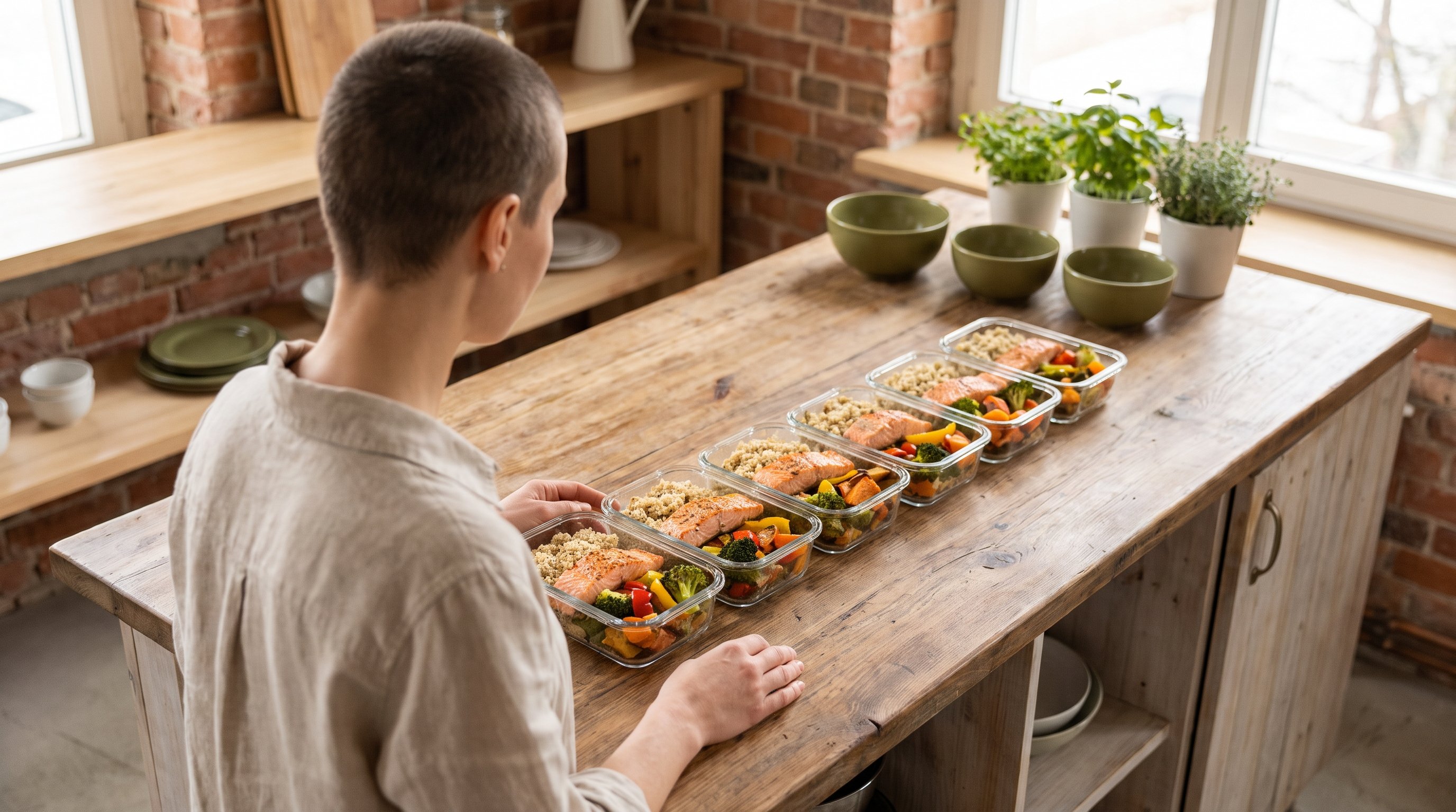containers of cooked meals lined up on a kitchen counter containers of cooked meals lined up on a kitchen counter