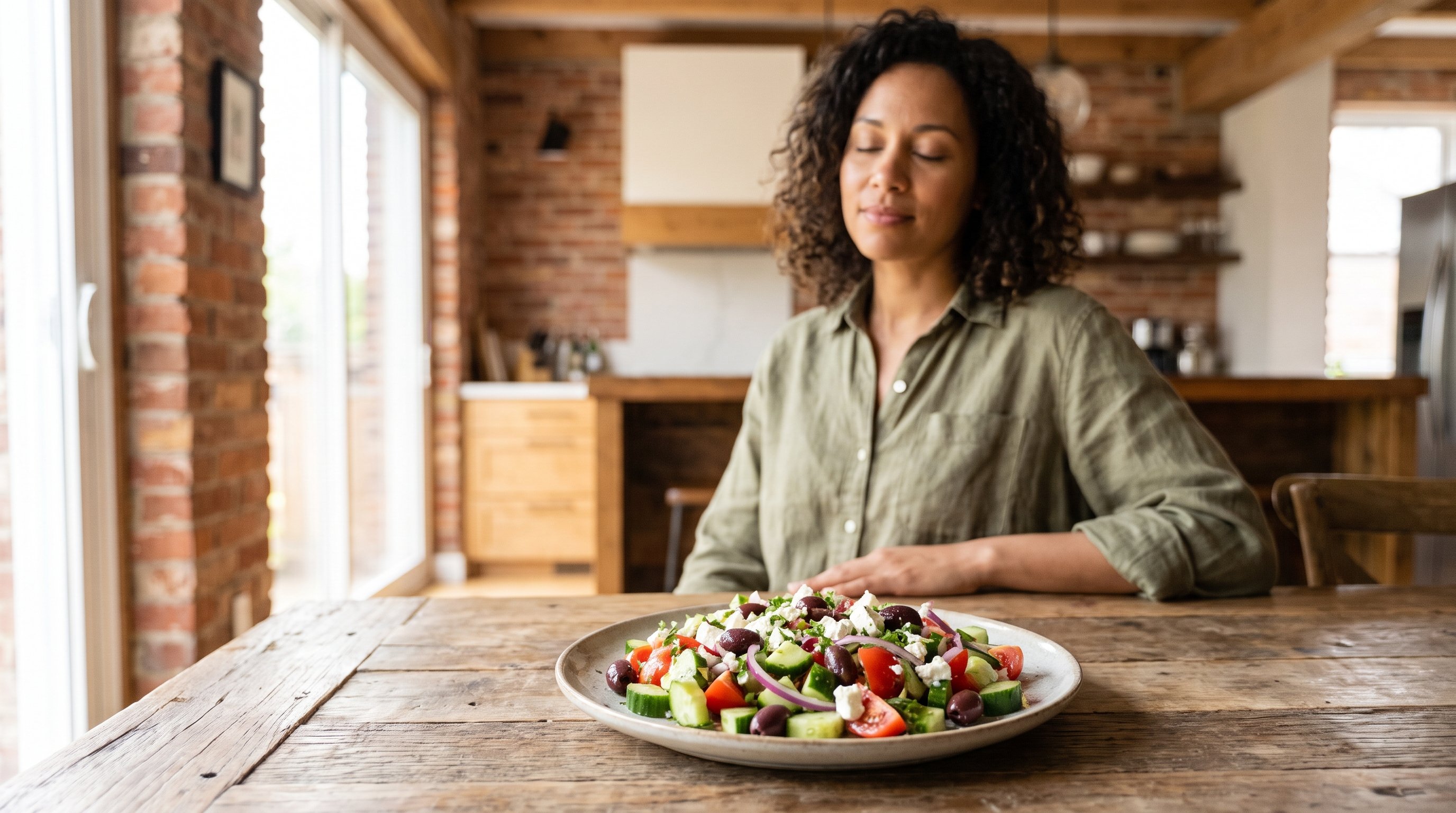 woman sitting quietly with eyes closed before eating woman sitting quietly with eyes closed before eating