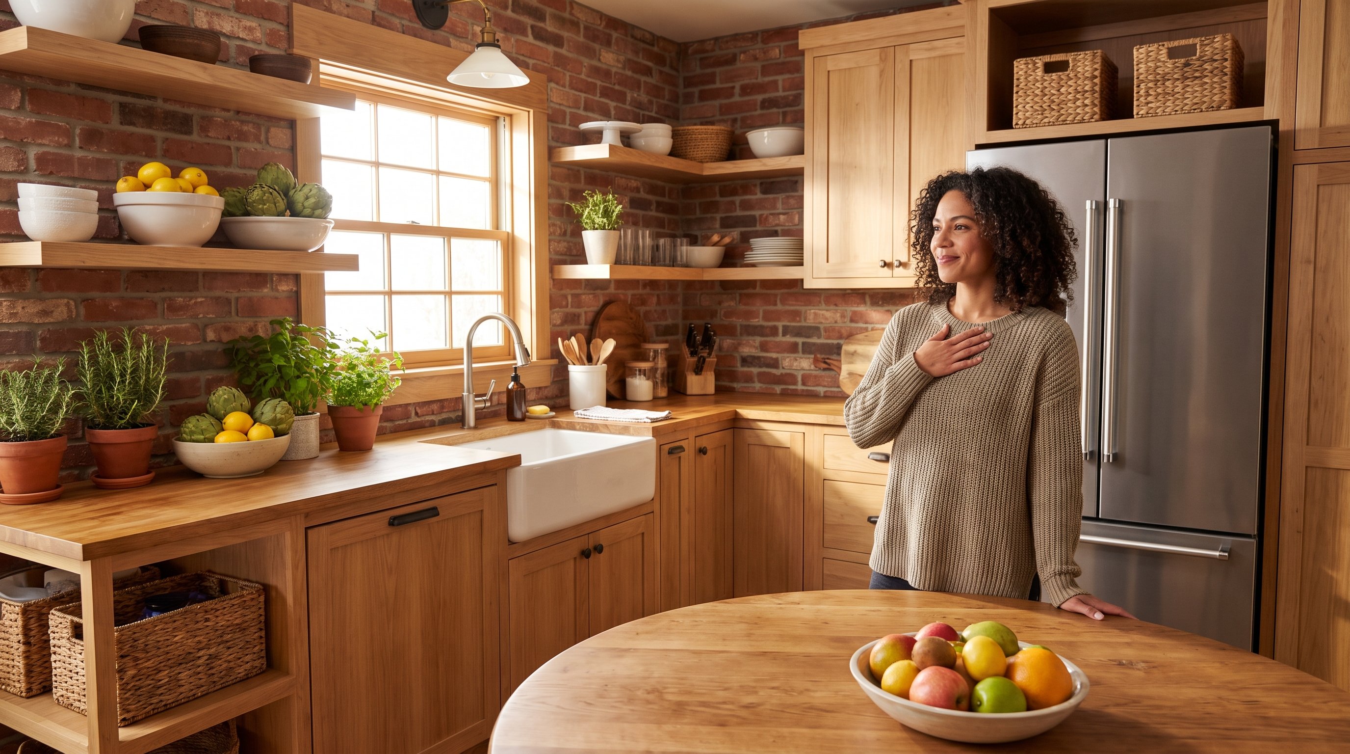 person pausing with hand on chest before opening fridge