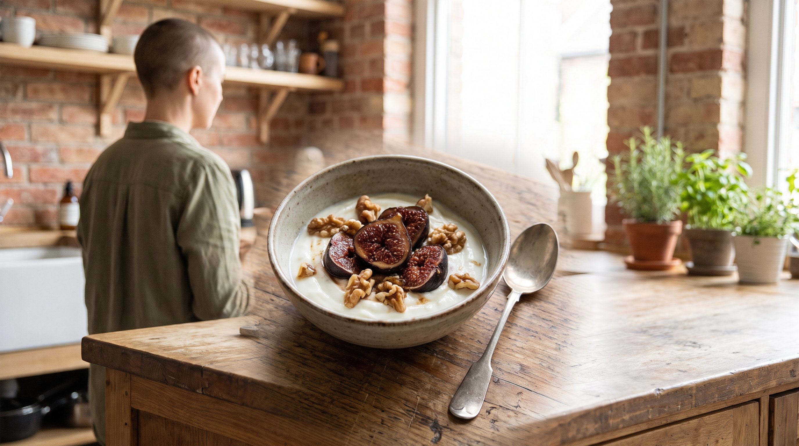 bowl of greek yogurt with walnuts and figs on wooden table