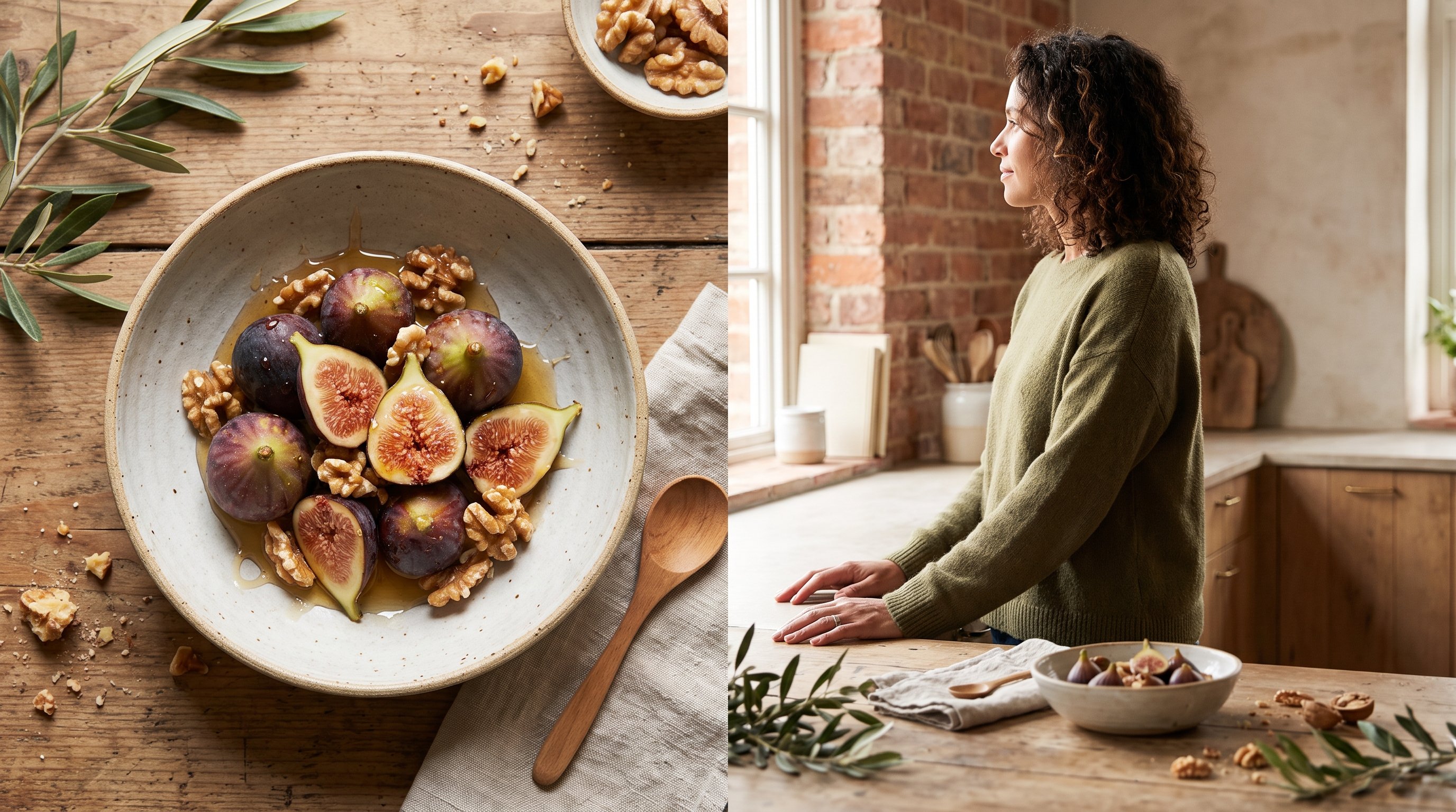 bowl of fresh figs honey and walnuts on wooden table