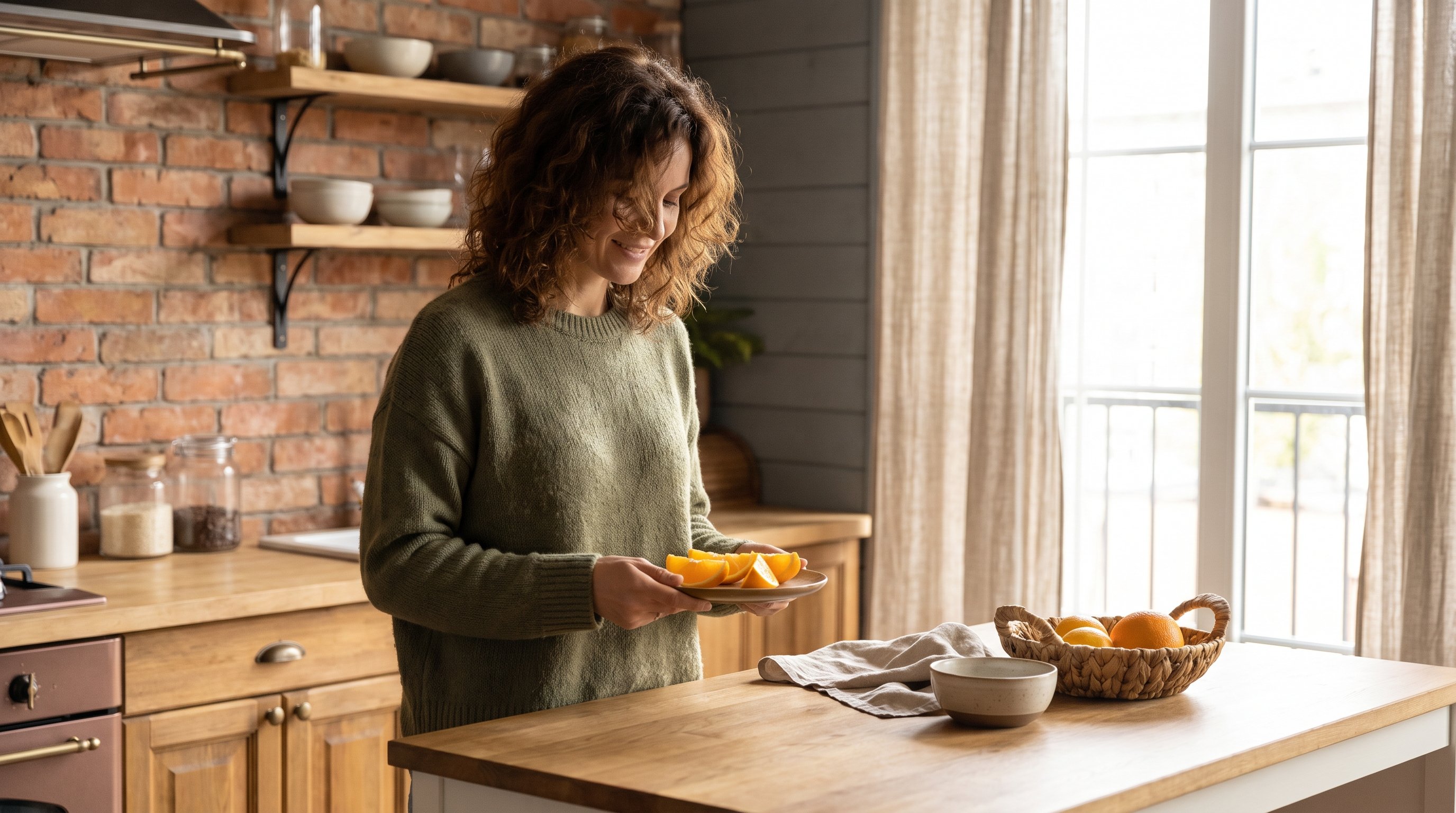 person slicing fresh oranges on a kitchen counter