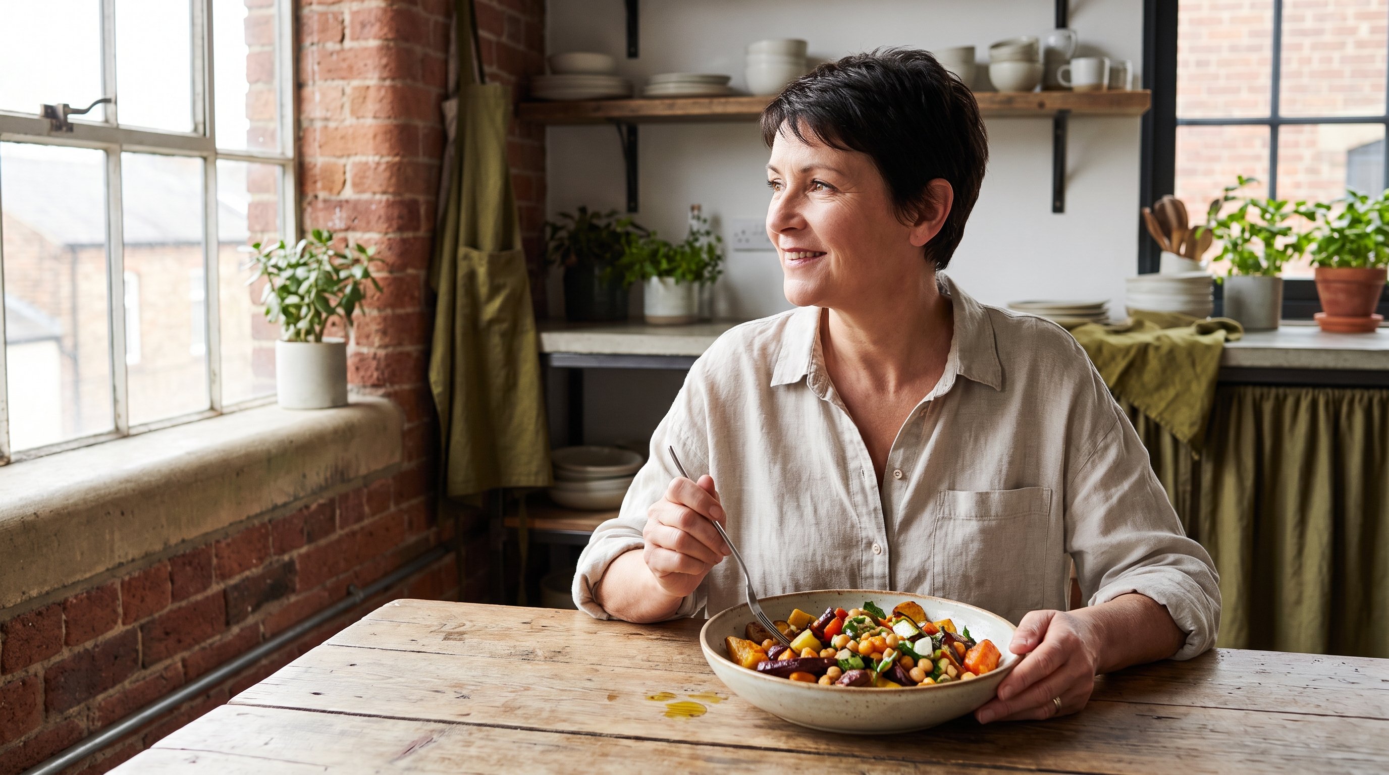 bowl of roasted vegetables, chickpeas and herbs on a dinner table