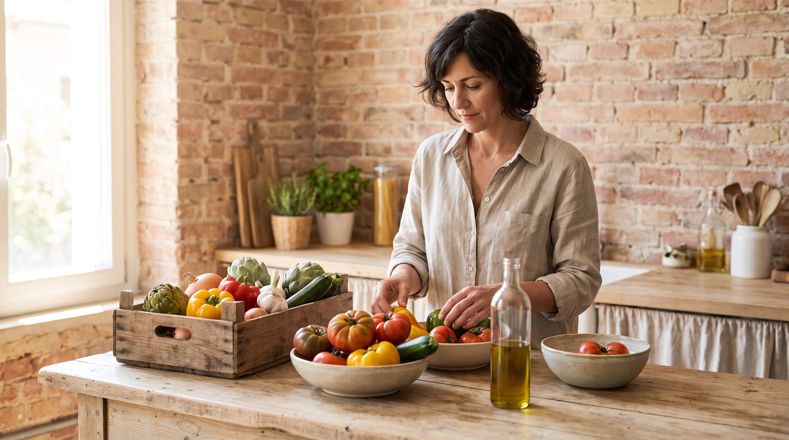 person chopping vegetables on a kitchen counter with olive oil nearby