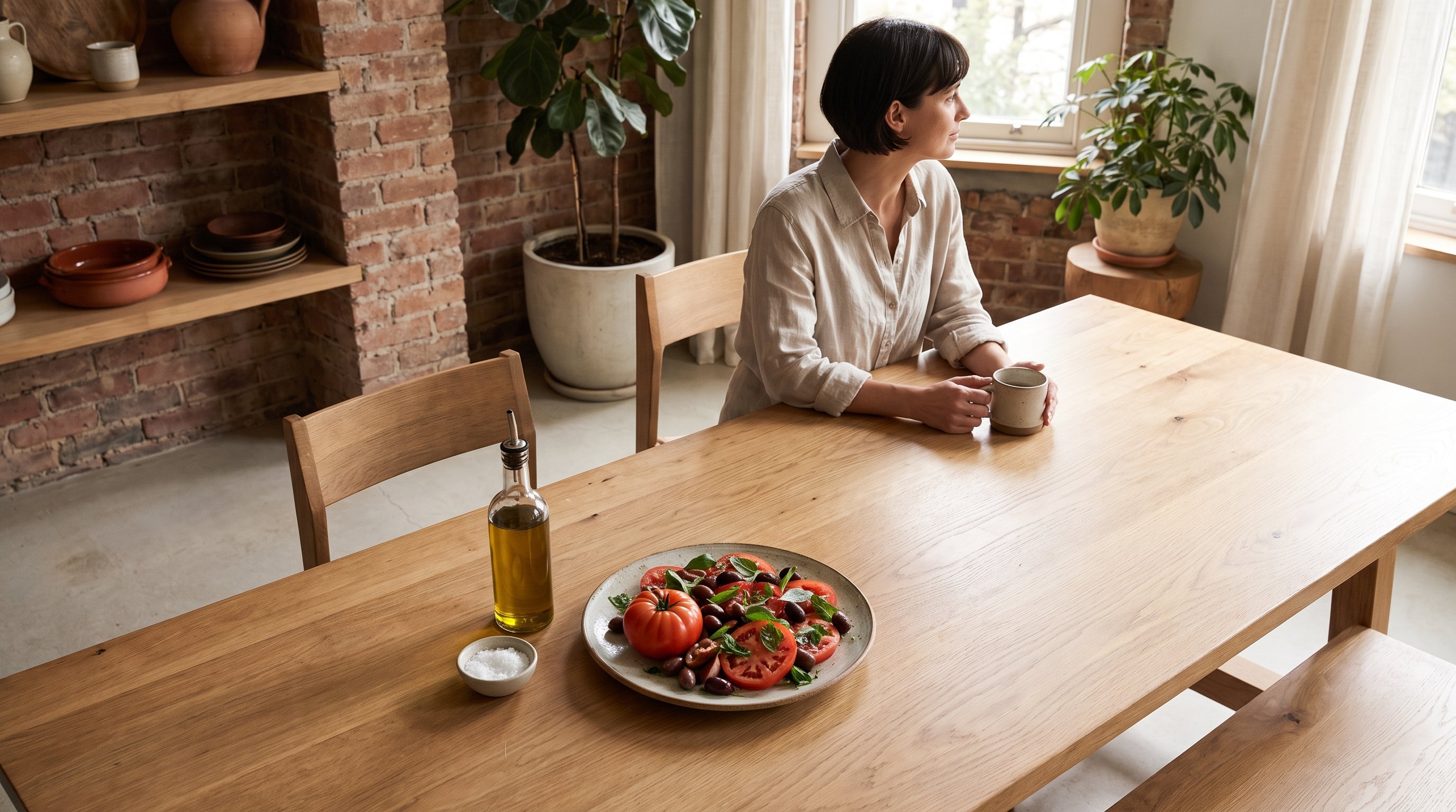 wooden table with olive oil, tomatoes and fresh herbs