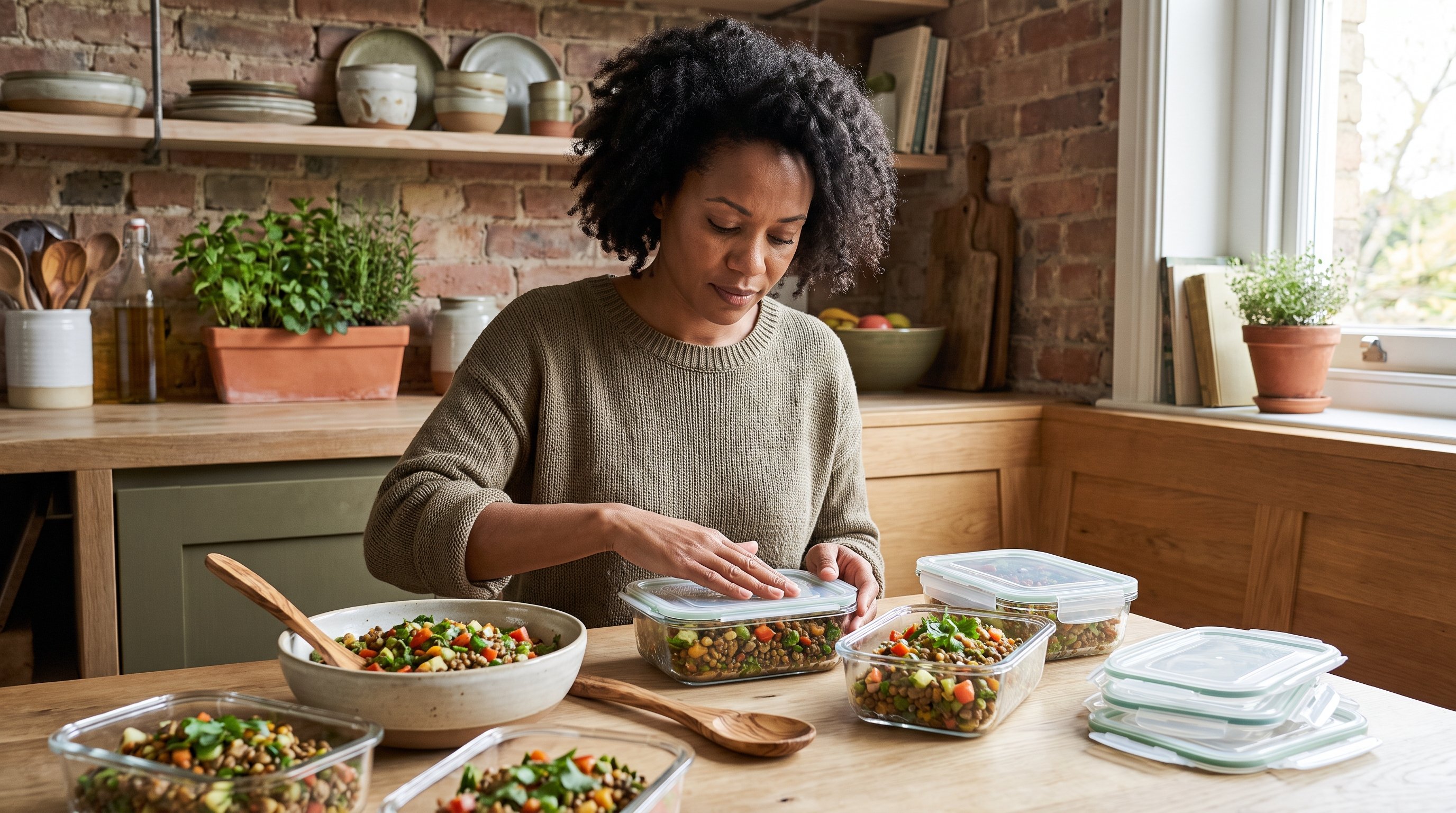 person packing lentil salad into glass meal prep containers