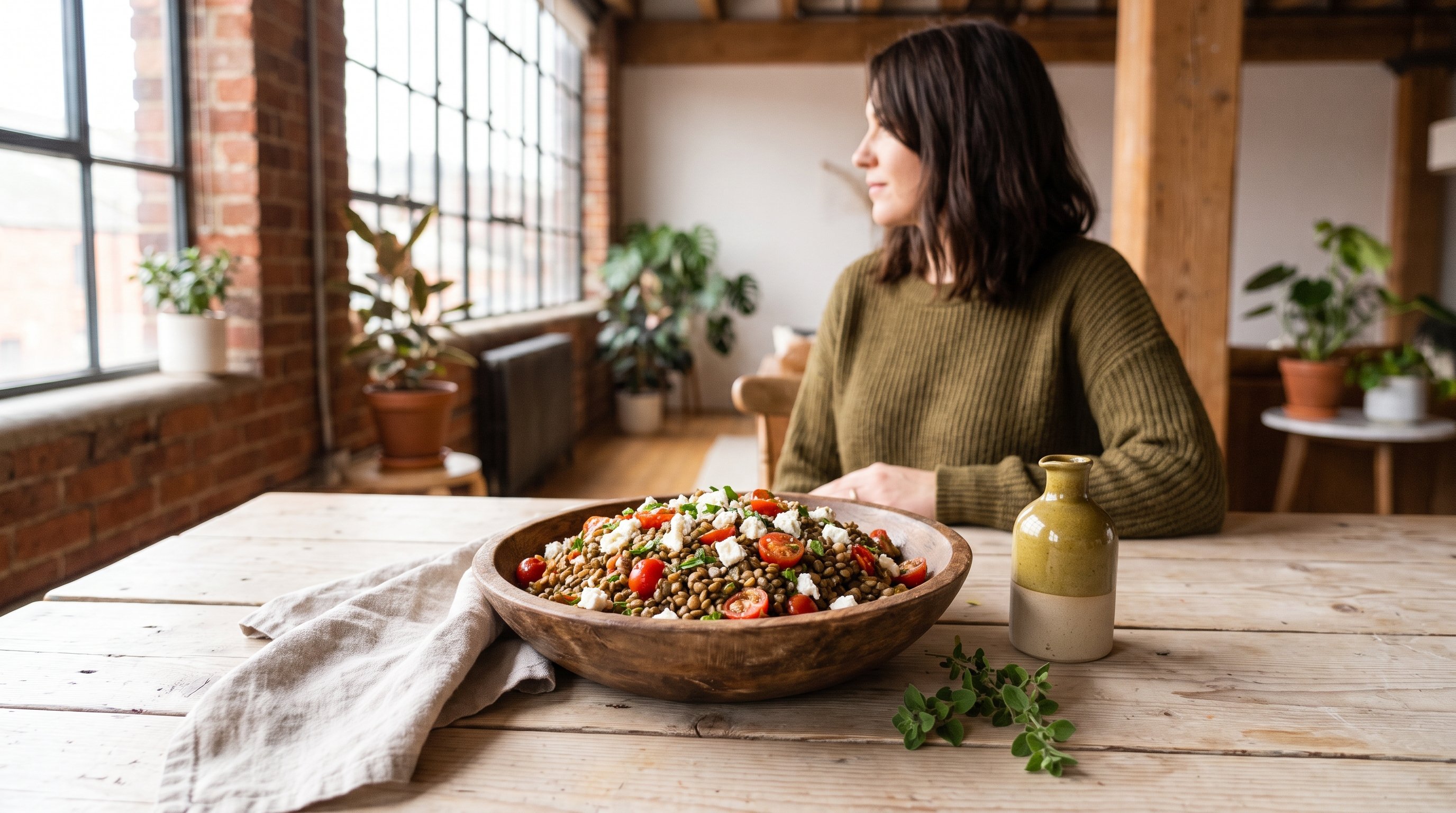 wooden bowl of lentils tomatoes and feta on kitchen counter