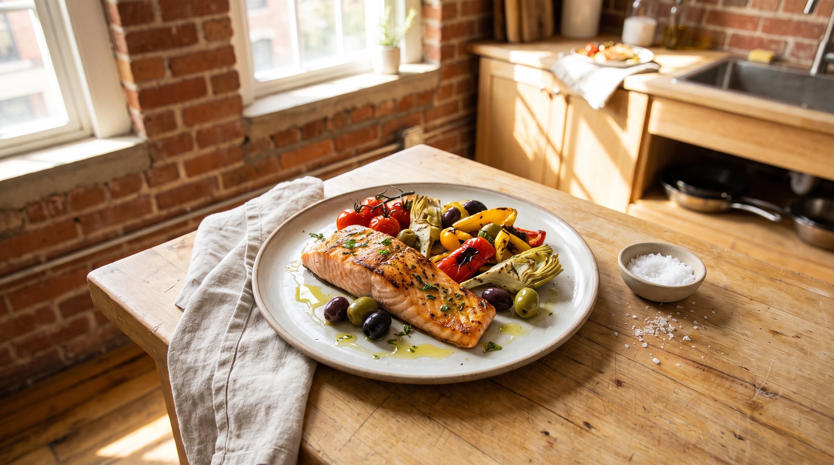 plate of grilled fish with vegetables and olive oil