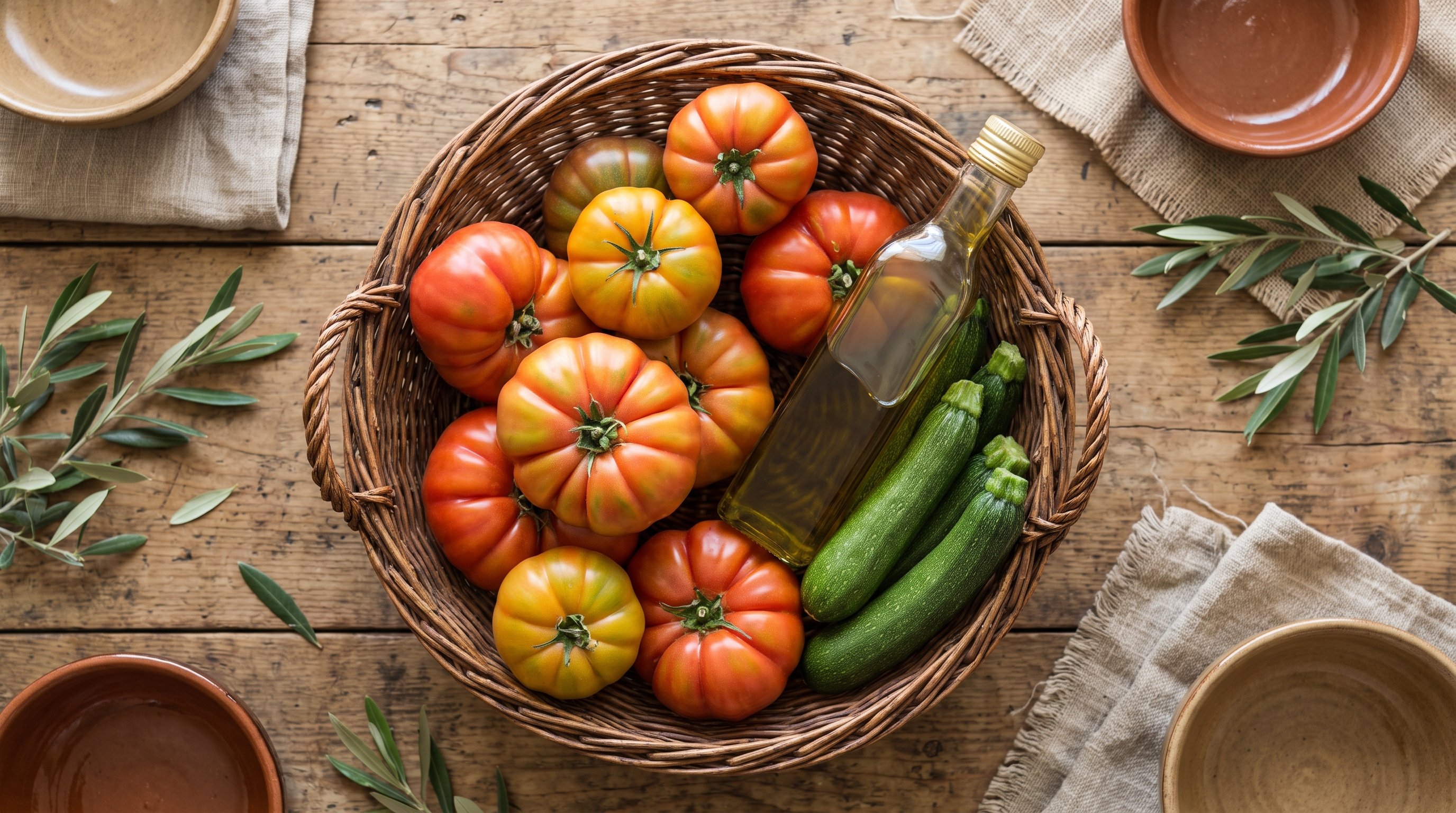 weekly grocery basket with vegetables and olive oil