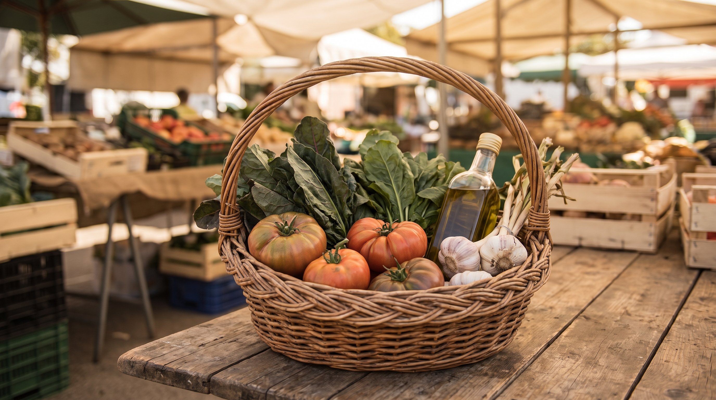 grocery basket filled with vegetables and olive oil grocery basket filled with vegetables and olive oil
