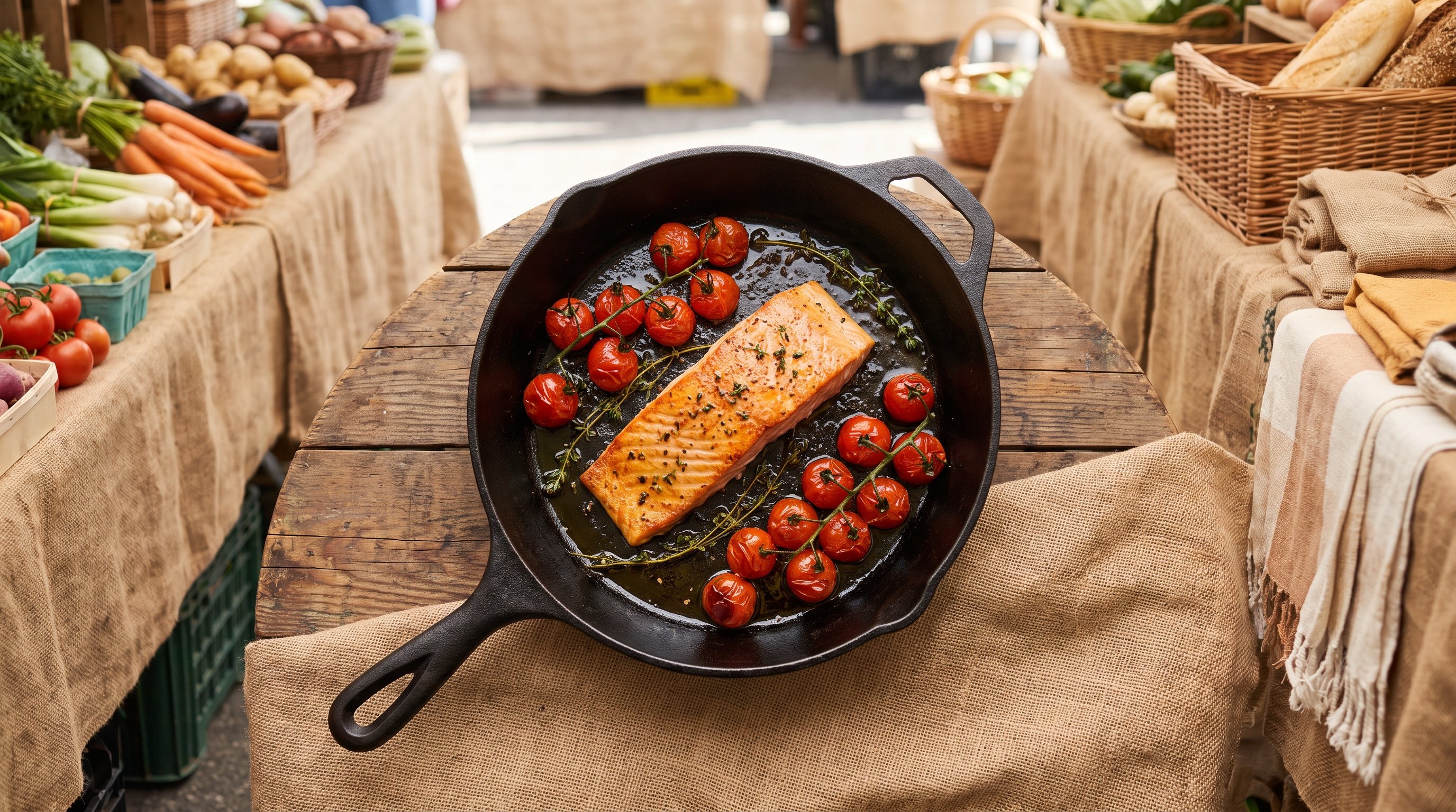 salmon fillet cooking in a pan with vegetables