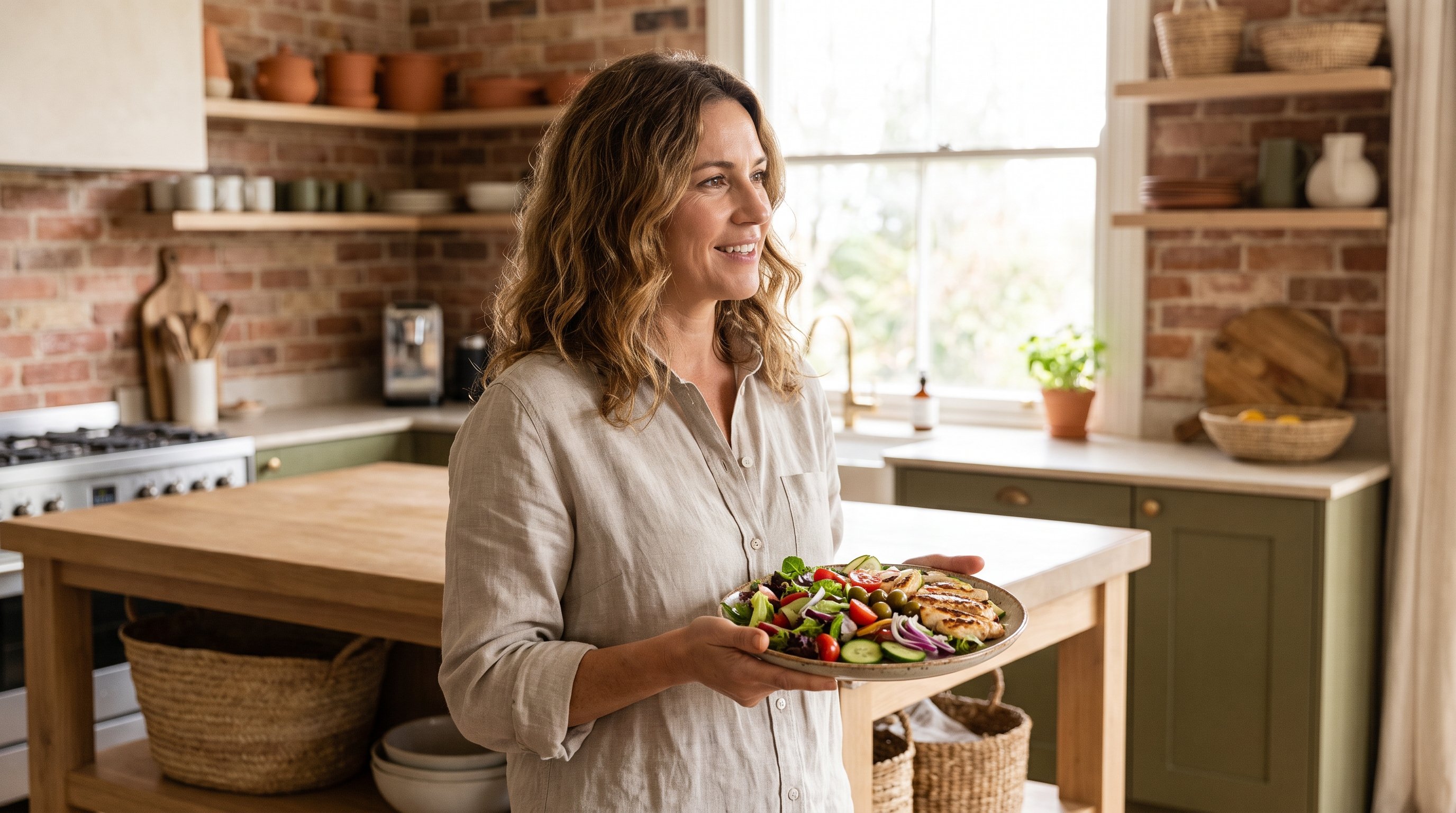 person plating a meal at the kitchen counter before sitting down