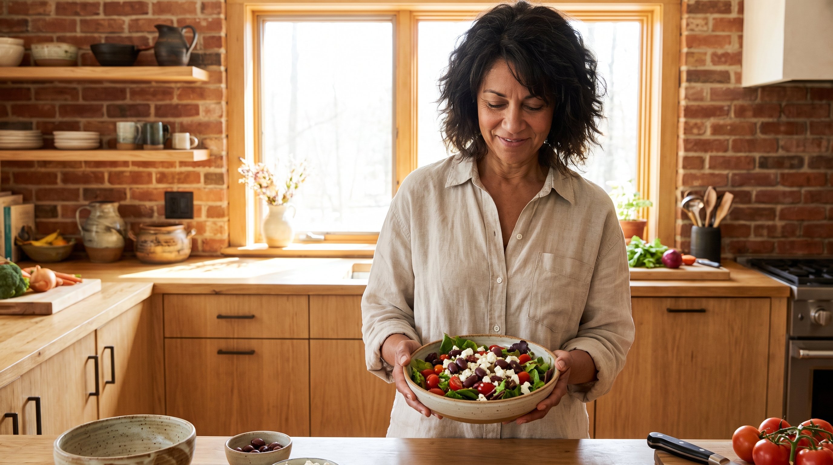 person assembling salad with olives and feta at kitchen counter
