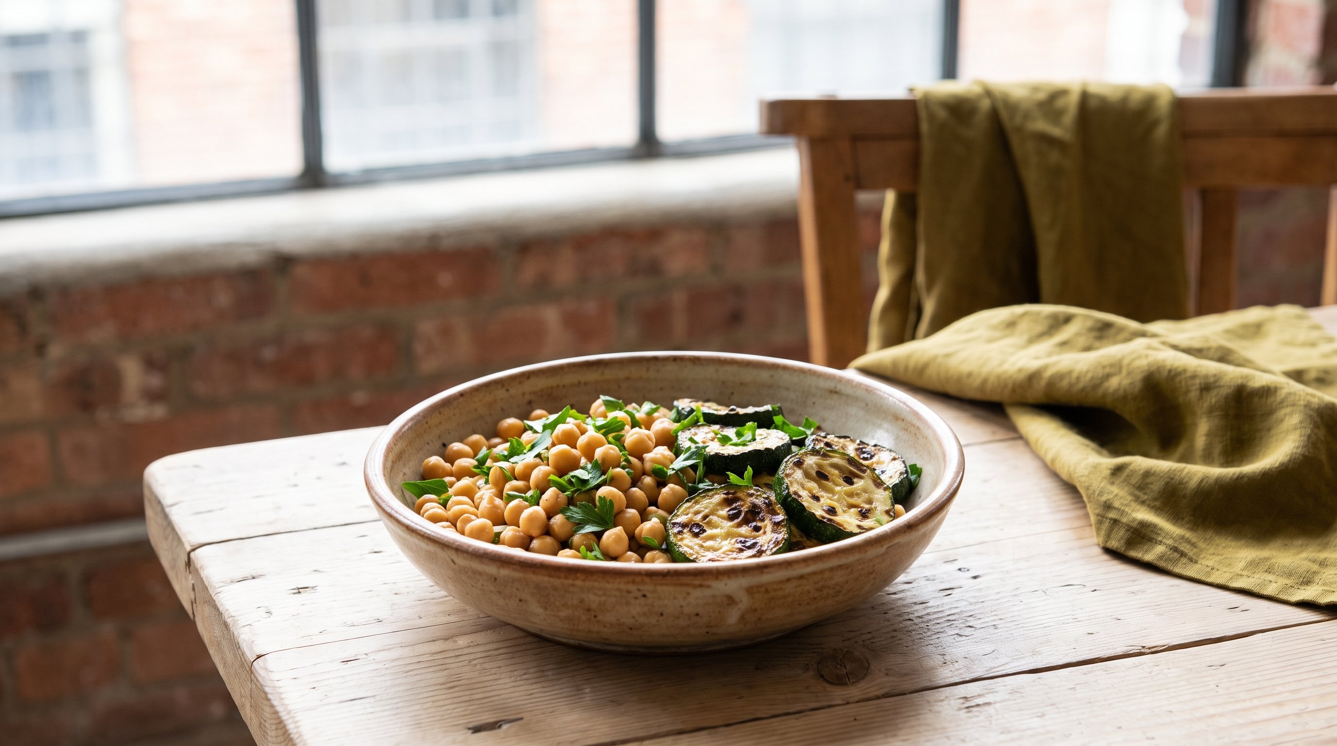 bowl of grilled vegetables, chickpeas and herbs on a kitchen counter