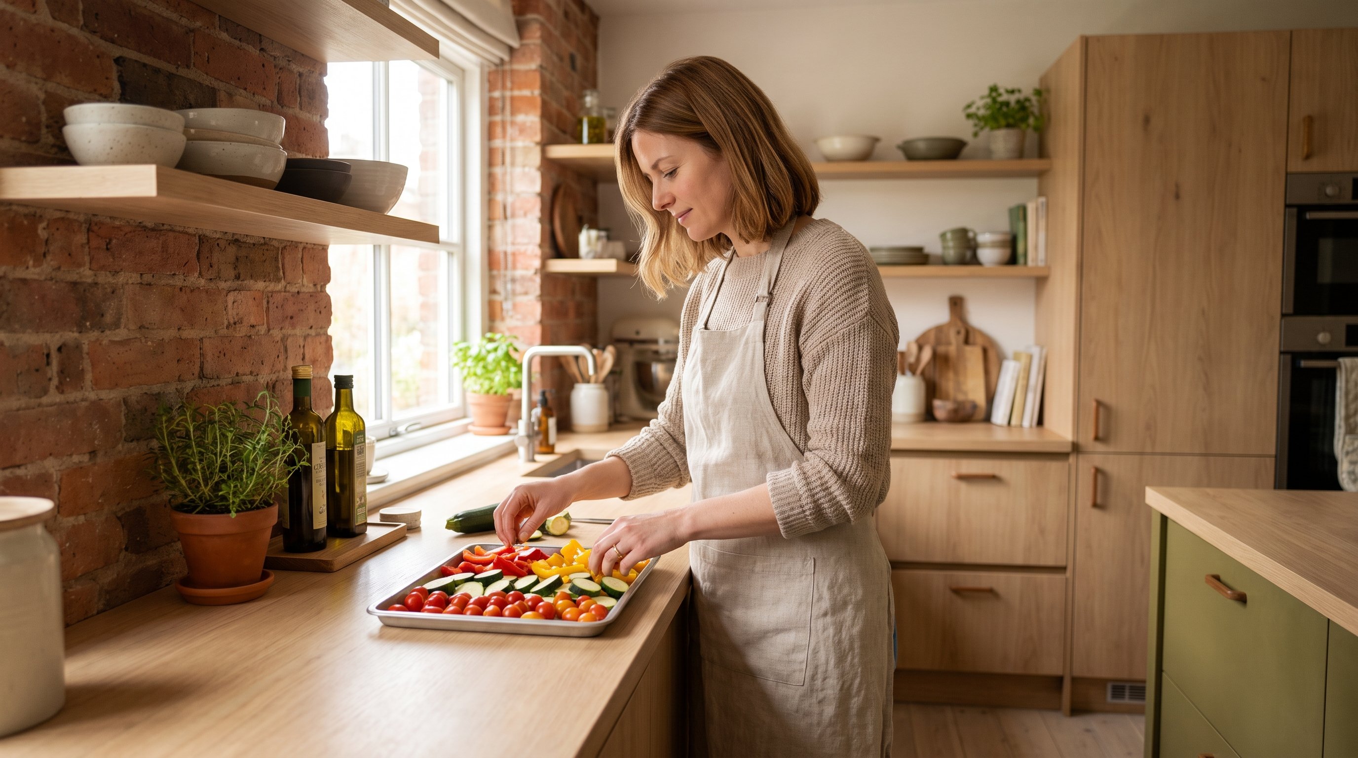 person chopping vegetables on a wooden board in a home kitchen