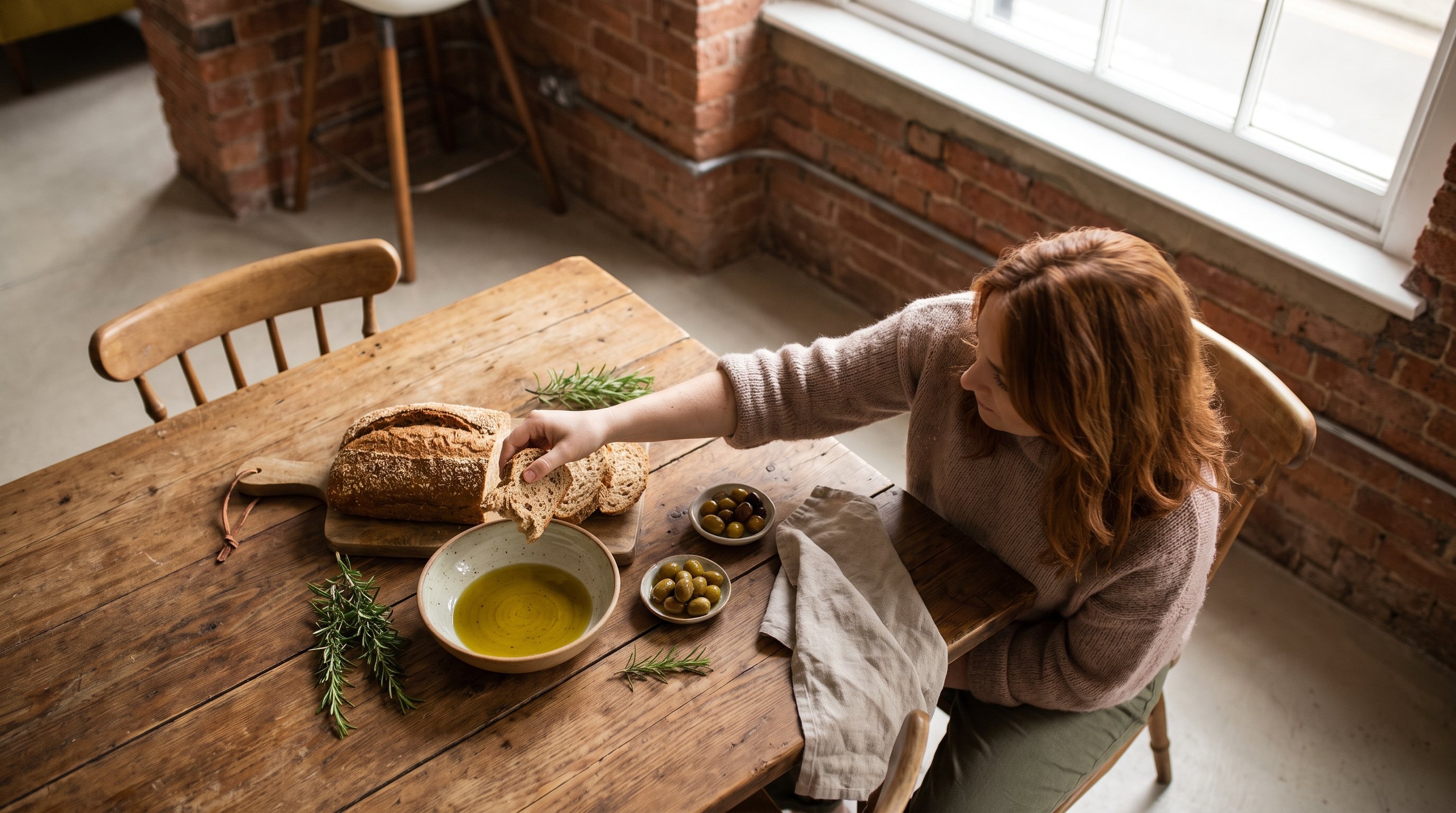 person swapping white bread for wholegrain loaf in kitchen