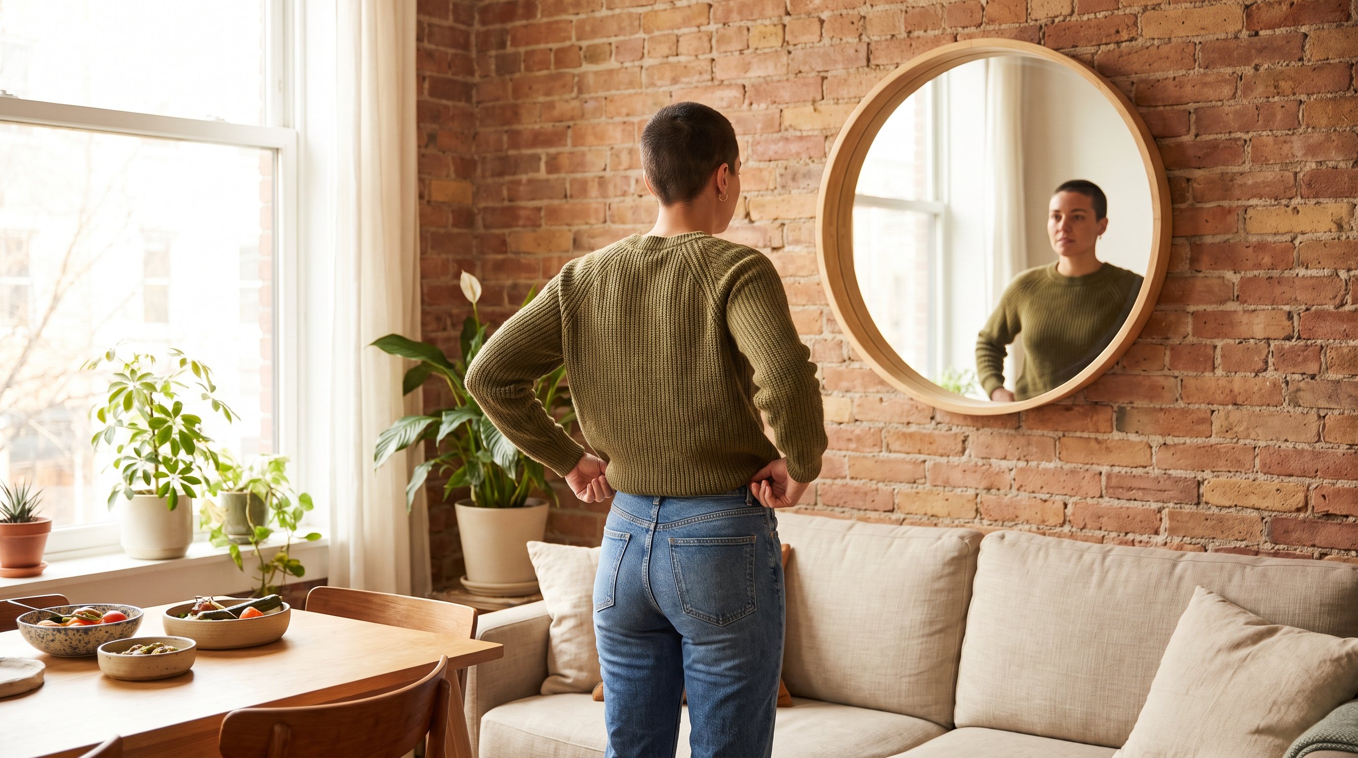 woman trying on jeans in bedroom mirror