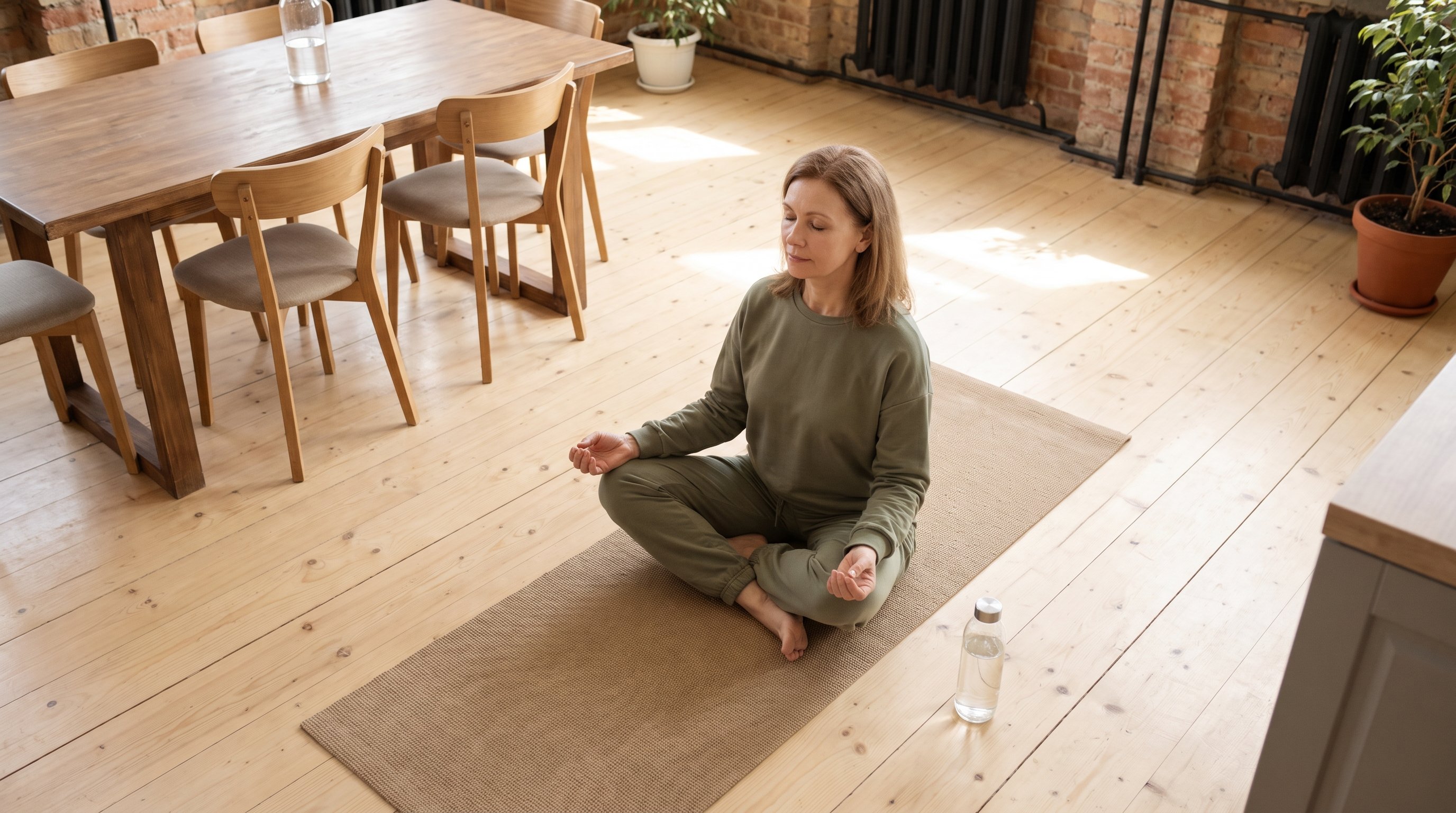 Older adult practising a seated yoga stretch in a living room