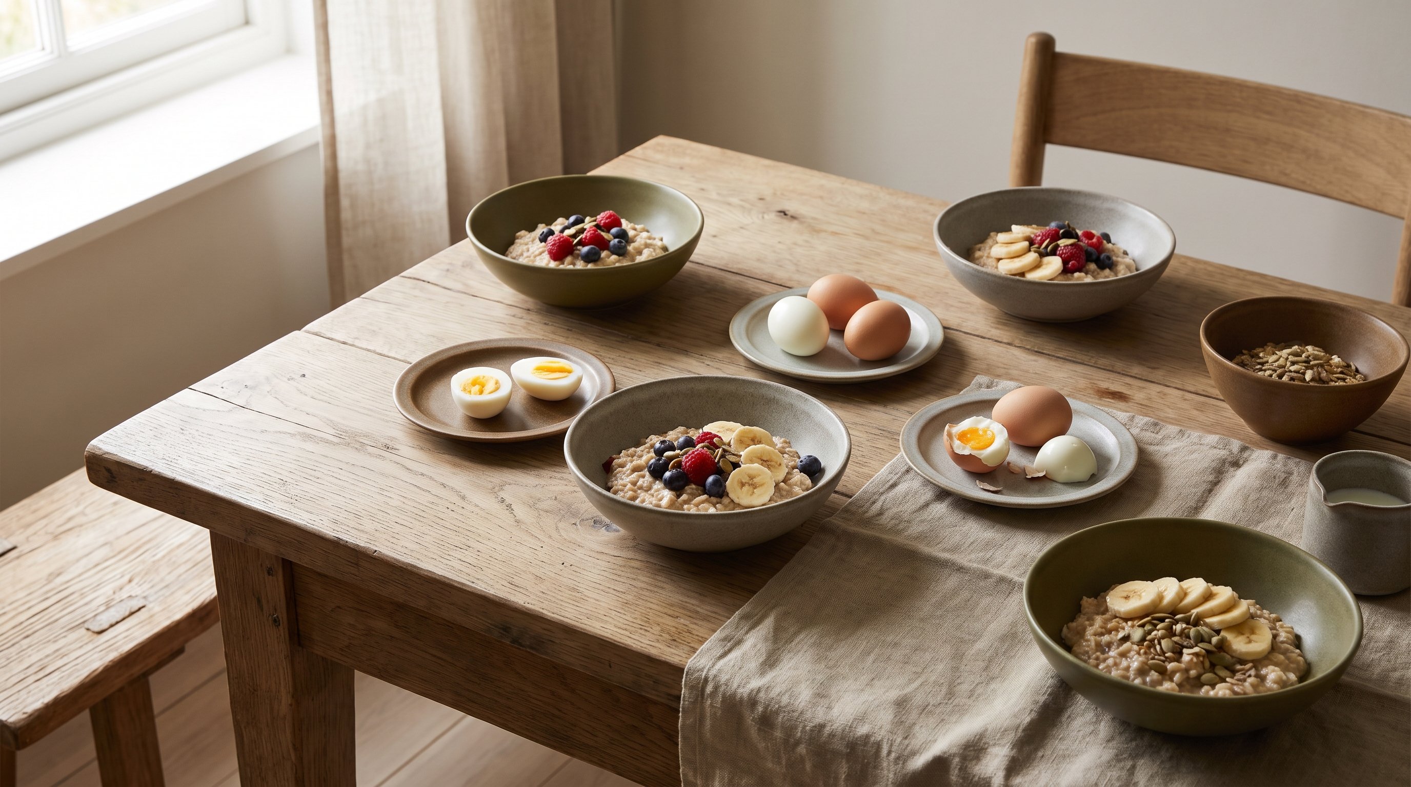 wooden table with eggs, oats, and fresh fruit