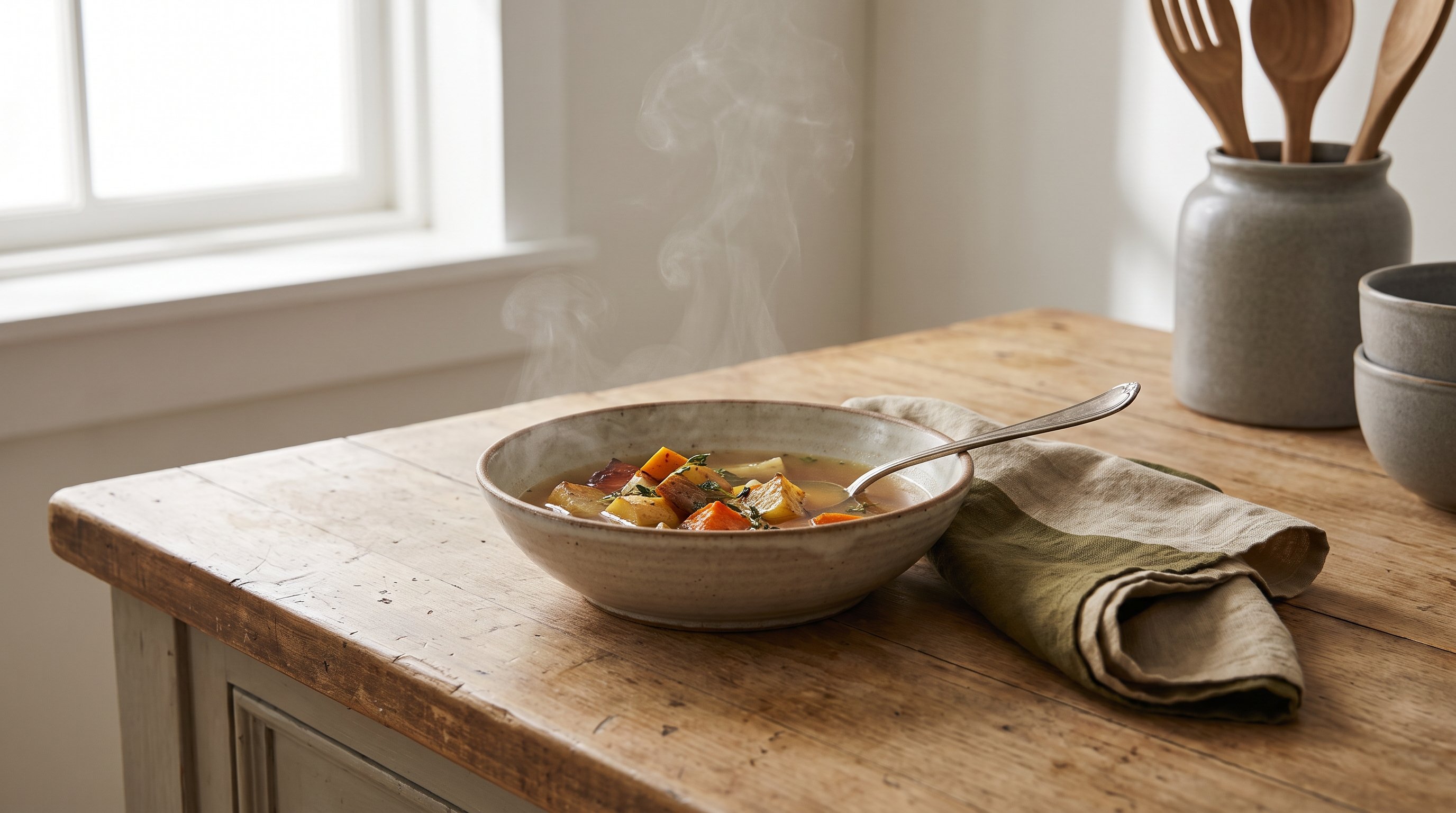 bowl of bone broth with vegetables