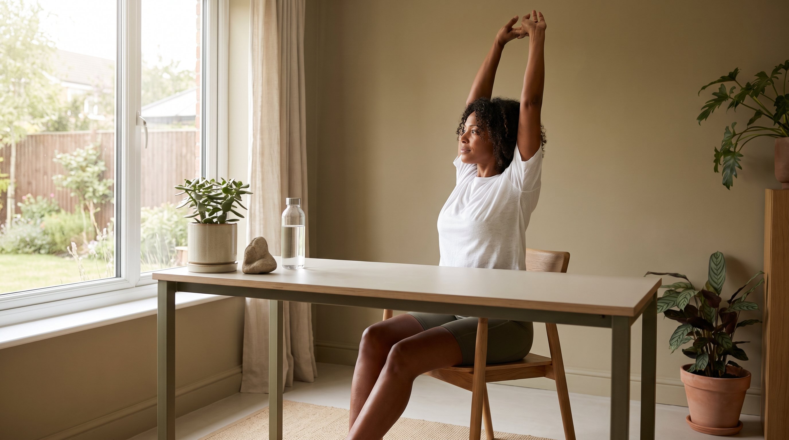 person stretching arms overhead at office desk