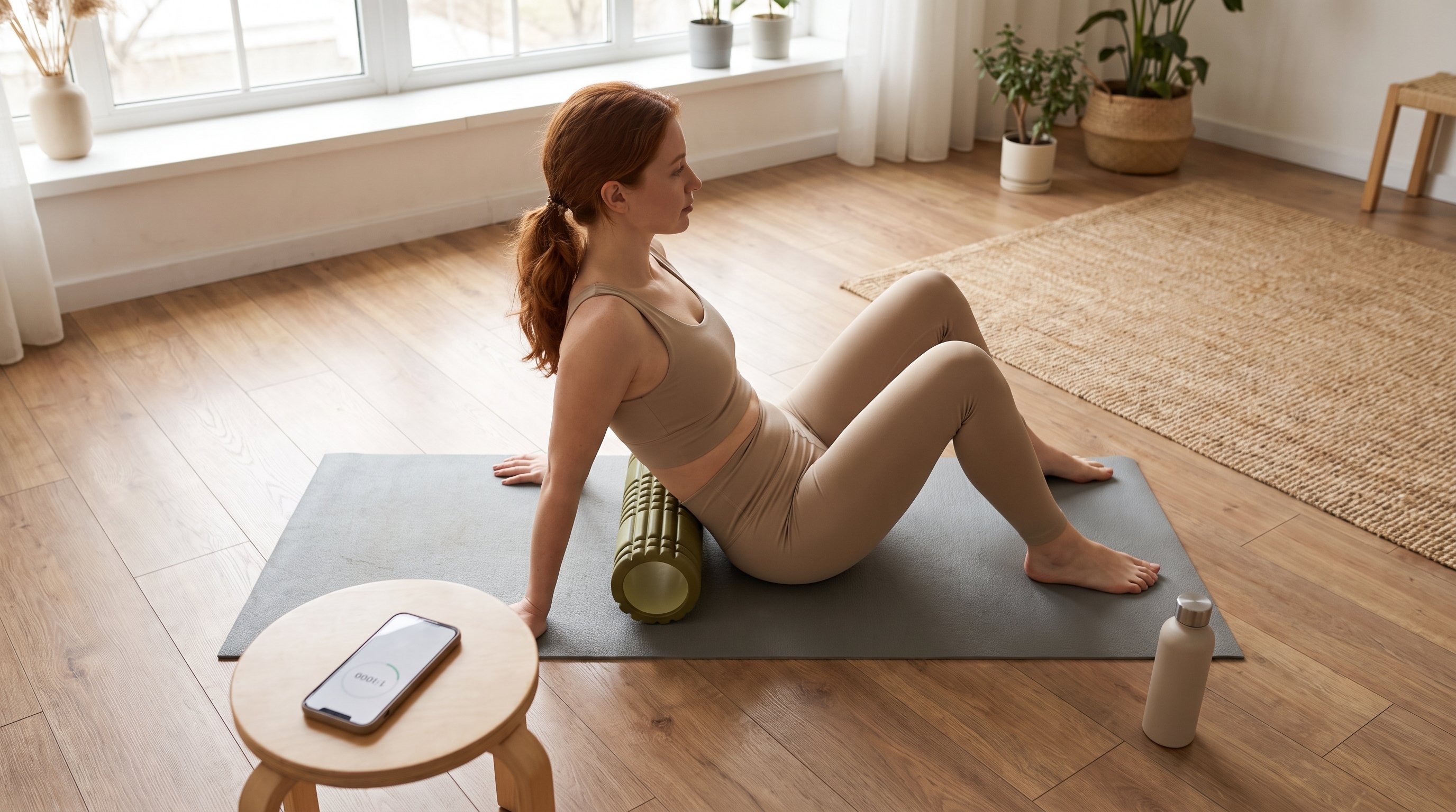 a woman using a foam roller on a mat for a mobility session at home