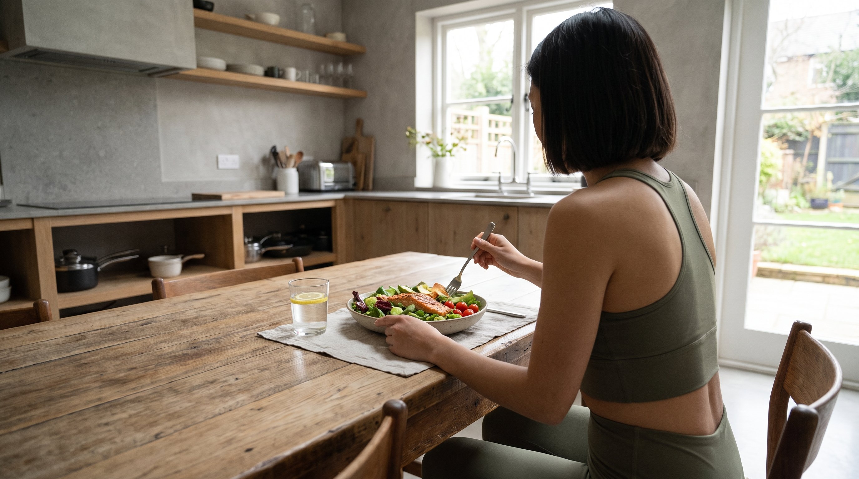 person chopping vegetables and salmon fillet on a kitchen counter